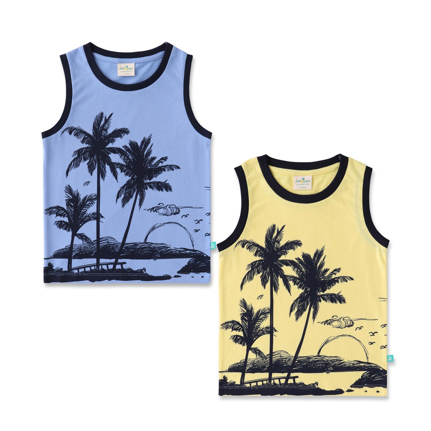 Boys' Sleeveless T-shirt Set – Tropical Palm Tree Print (Pack of 2)
