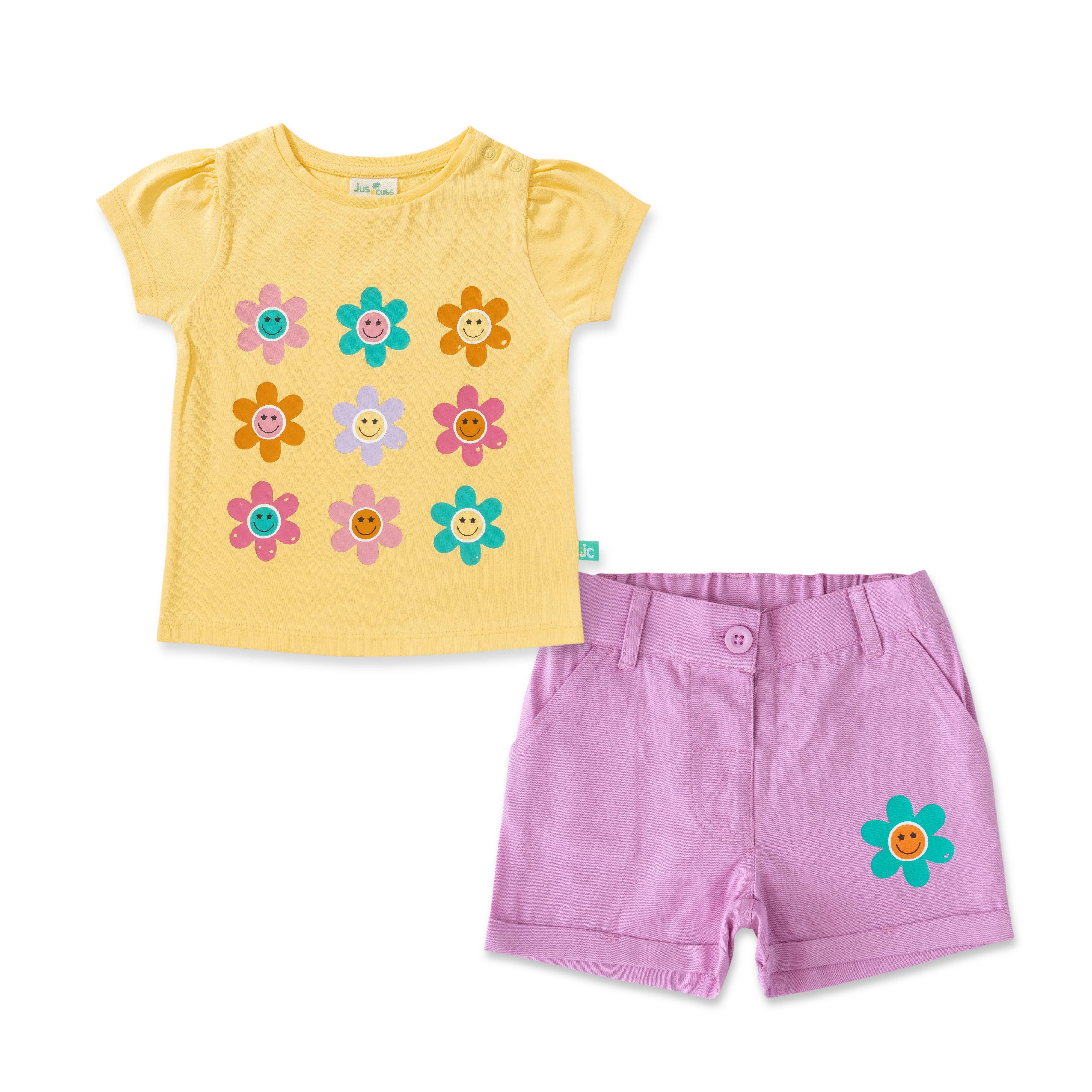 Baby Girls' Floral Fun Outfit Set – Yellow Smiley Flower T-Shirt & Pink Shorts, Cute & Comfortable Summer Wear