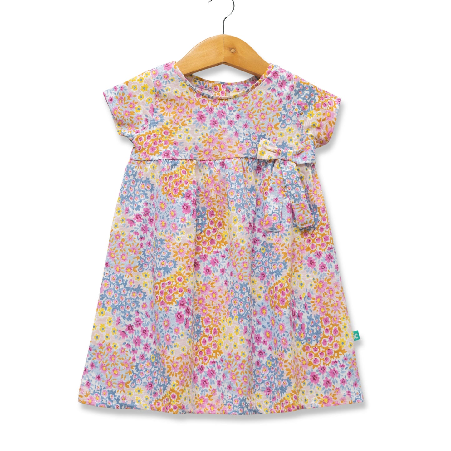 Girls' Multicolor Floral Print Cap Sleeve Dress with Bow Detail