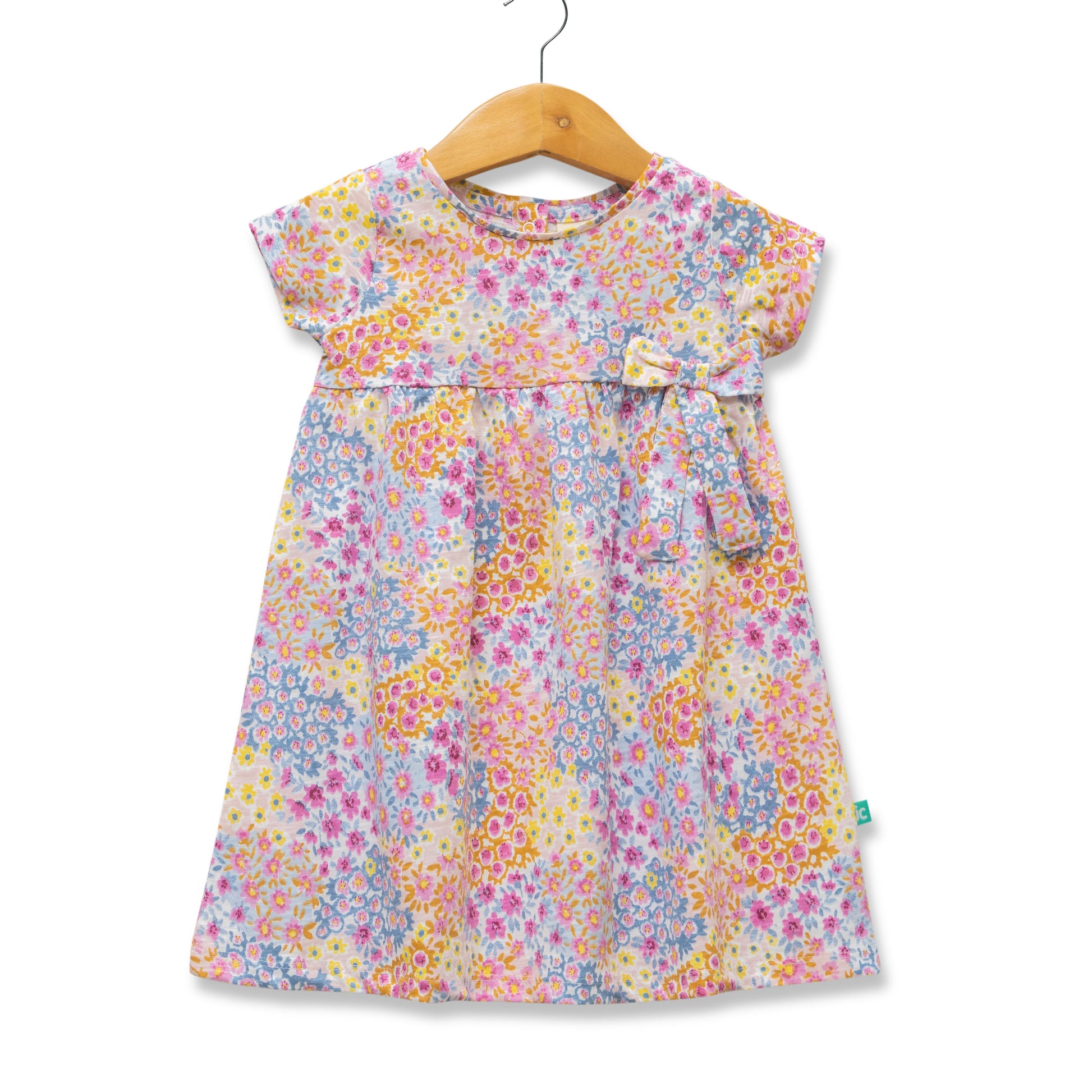 Girls' Multicolor Floral Print Cap Sleeve Dress with Bow Detail