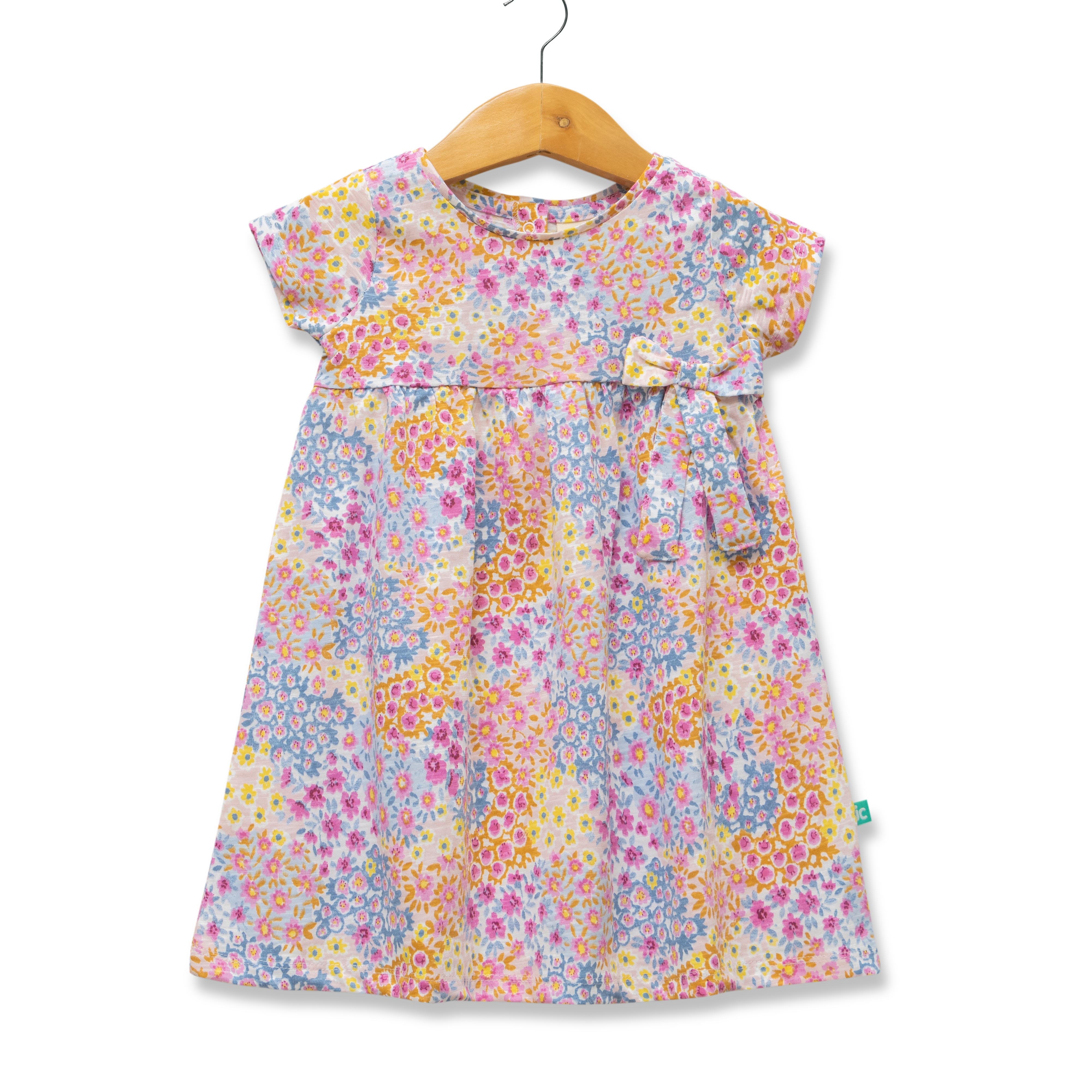 Girls' Multicolor Floral Print Cap Sleeve Dress with Bow Detail