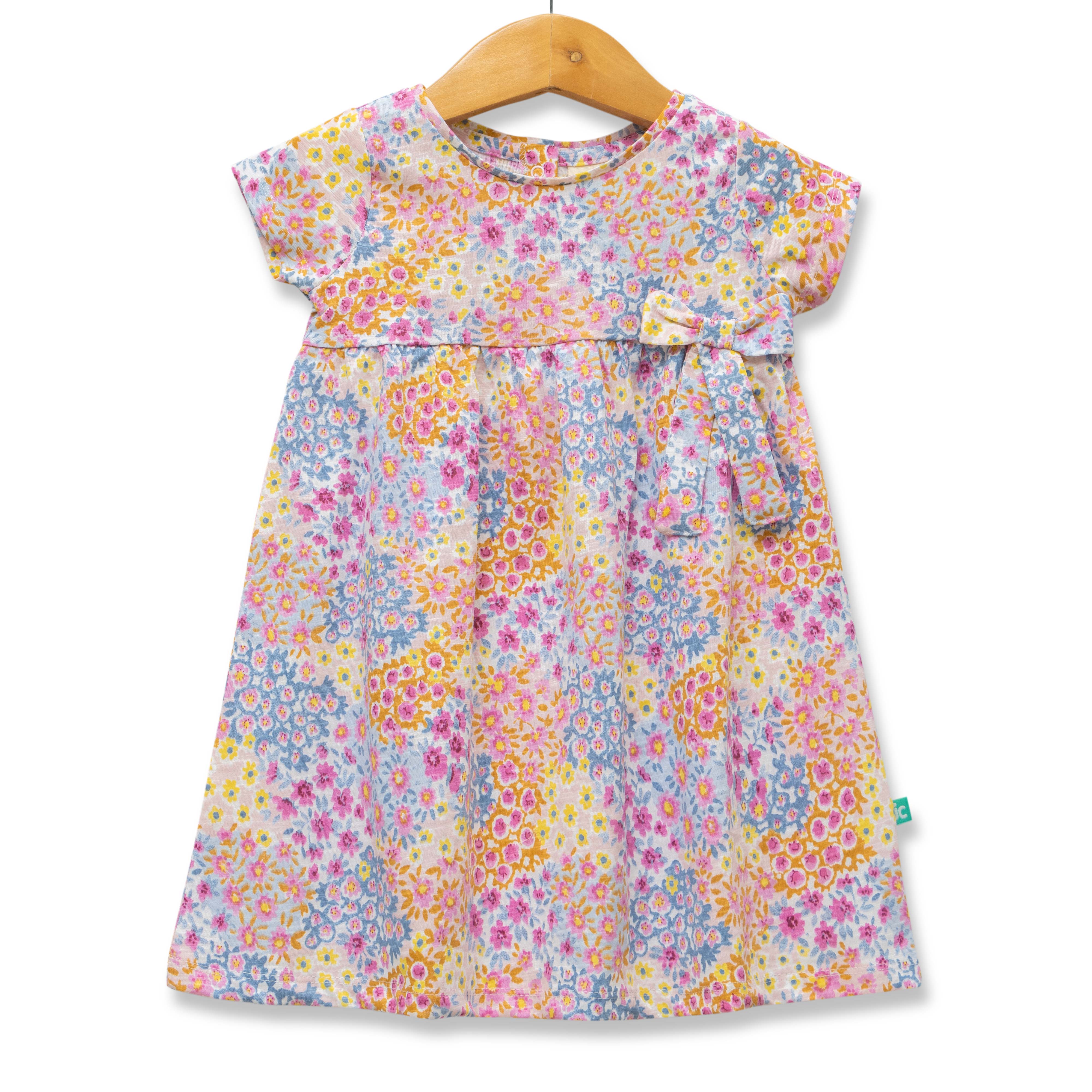 Girls' Multicolor Floral Print Cap Sleeve Dress with Bow Detail