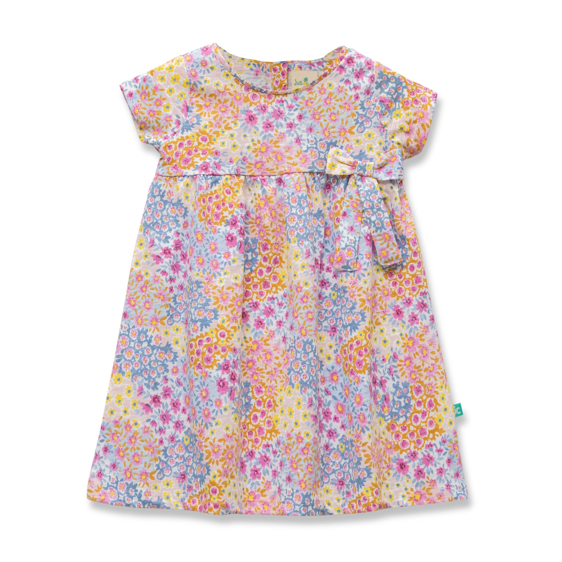 Girls' Multicolor Floral Print Cap Sleeve Dress with Bow Detail