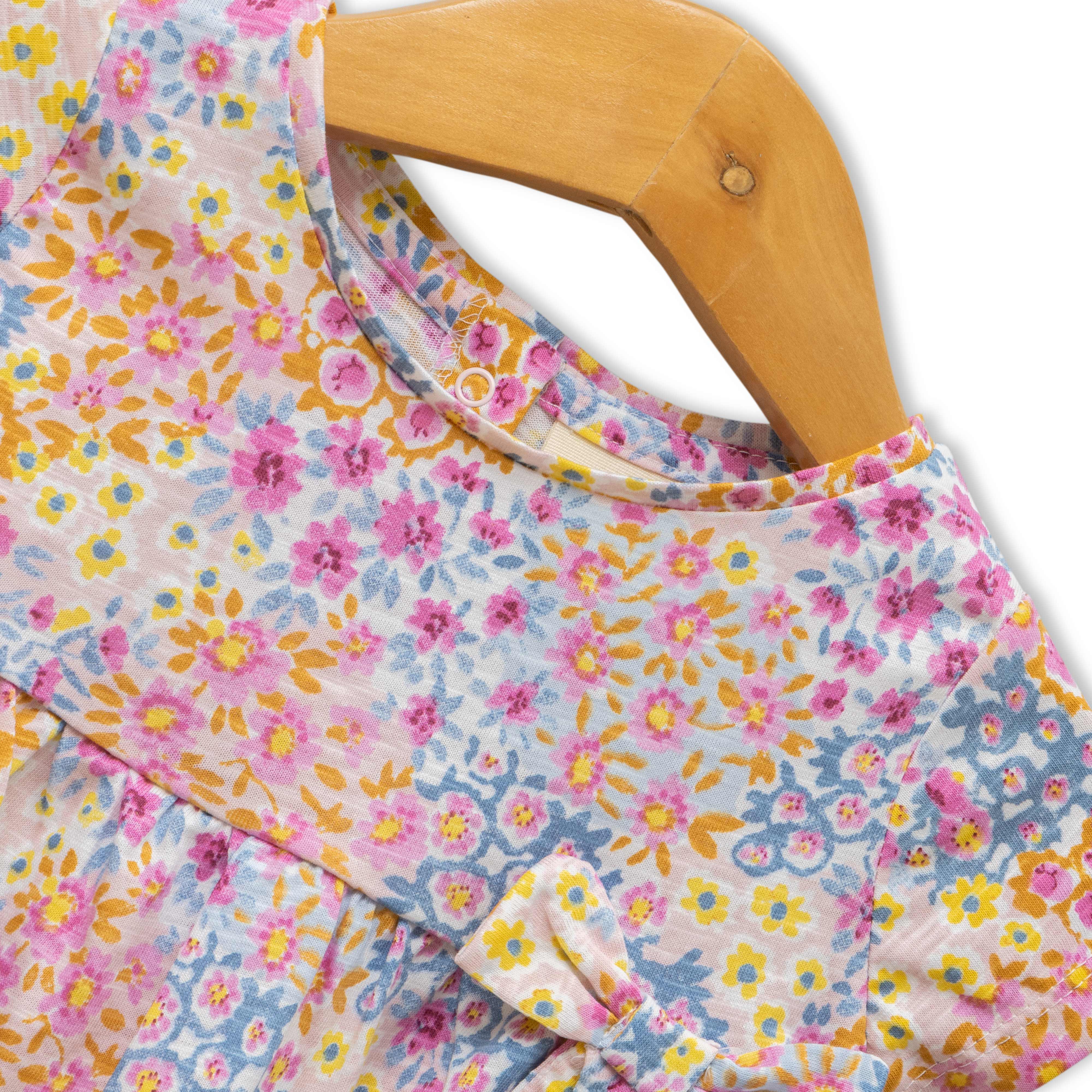 Girls' Multicolor Floral Print Cap Sleeve Dress with Bow Detail