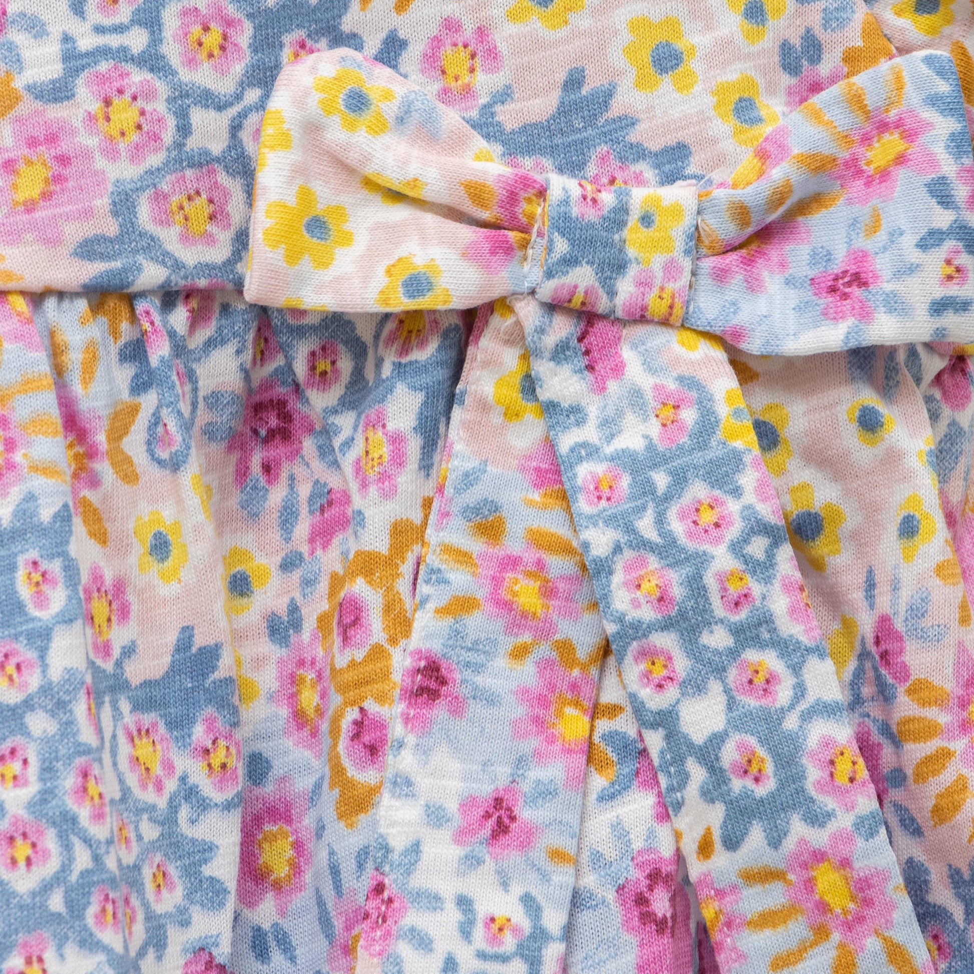 Girls' Multicolor Floral Print Cap Sleeve Dress with Bow Detail