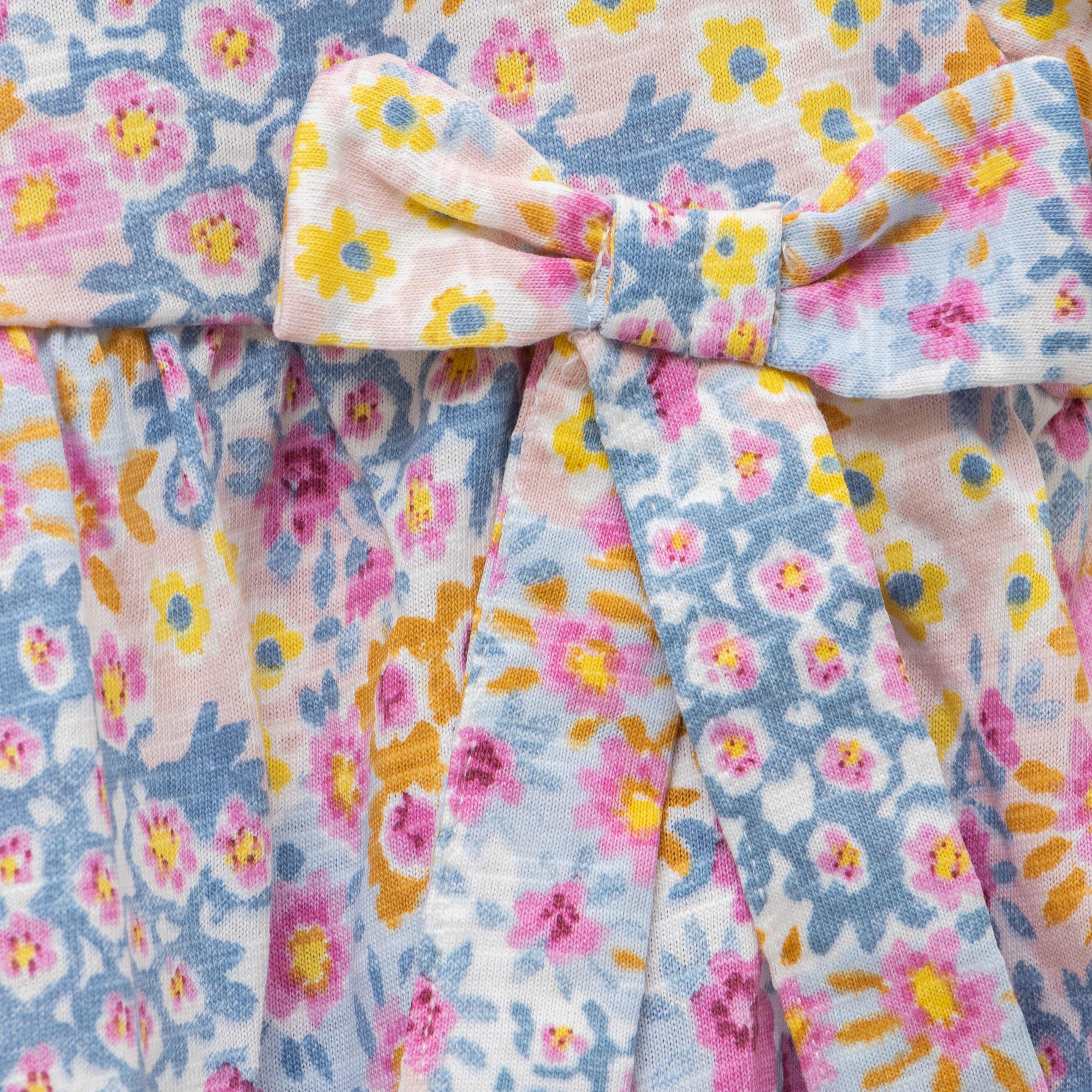 Girls' Multicolor Floral Print Cap Sleeve Dress with Bow Detail