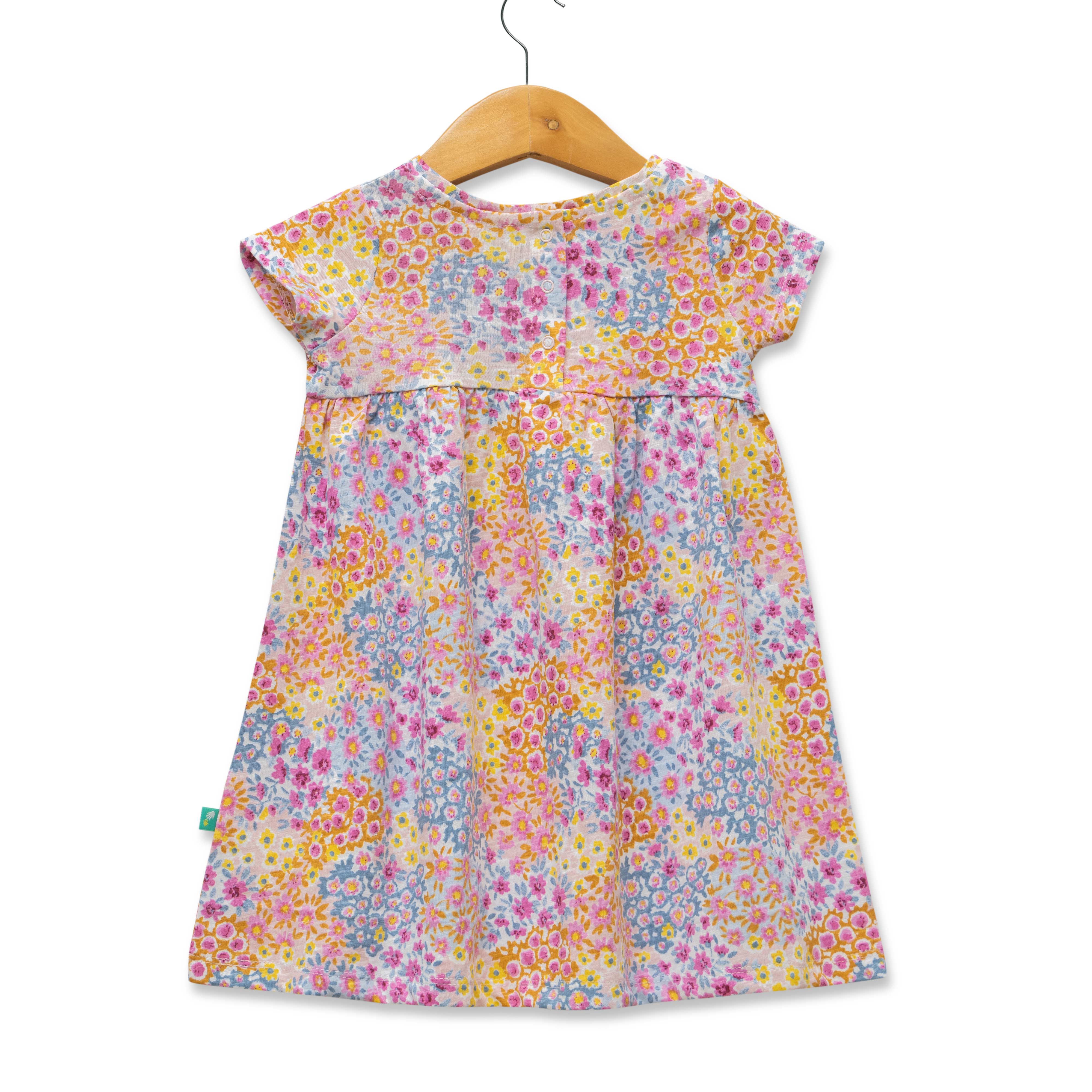Girls' Multicolor Floral Print Cap Sleeve Dress with Bow Detail