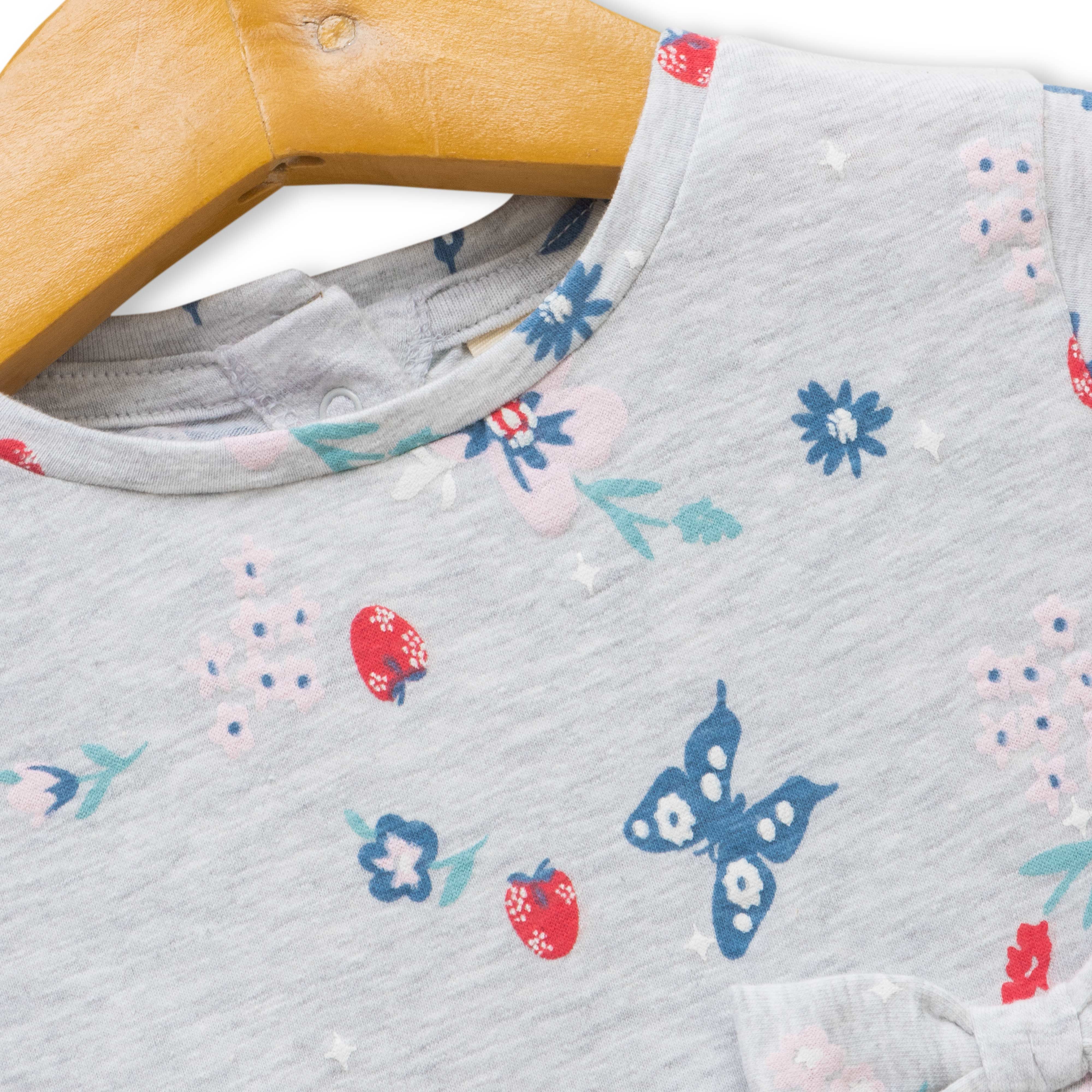 "Girls' Floral Print Cap Sleeve Dress with Bow – Light Grey"