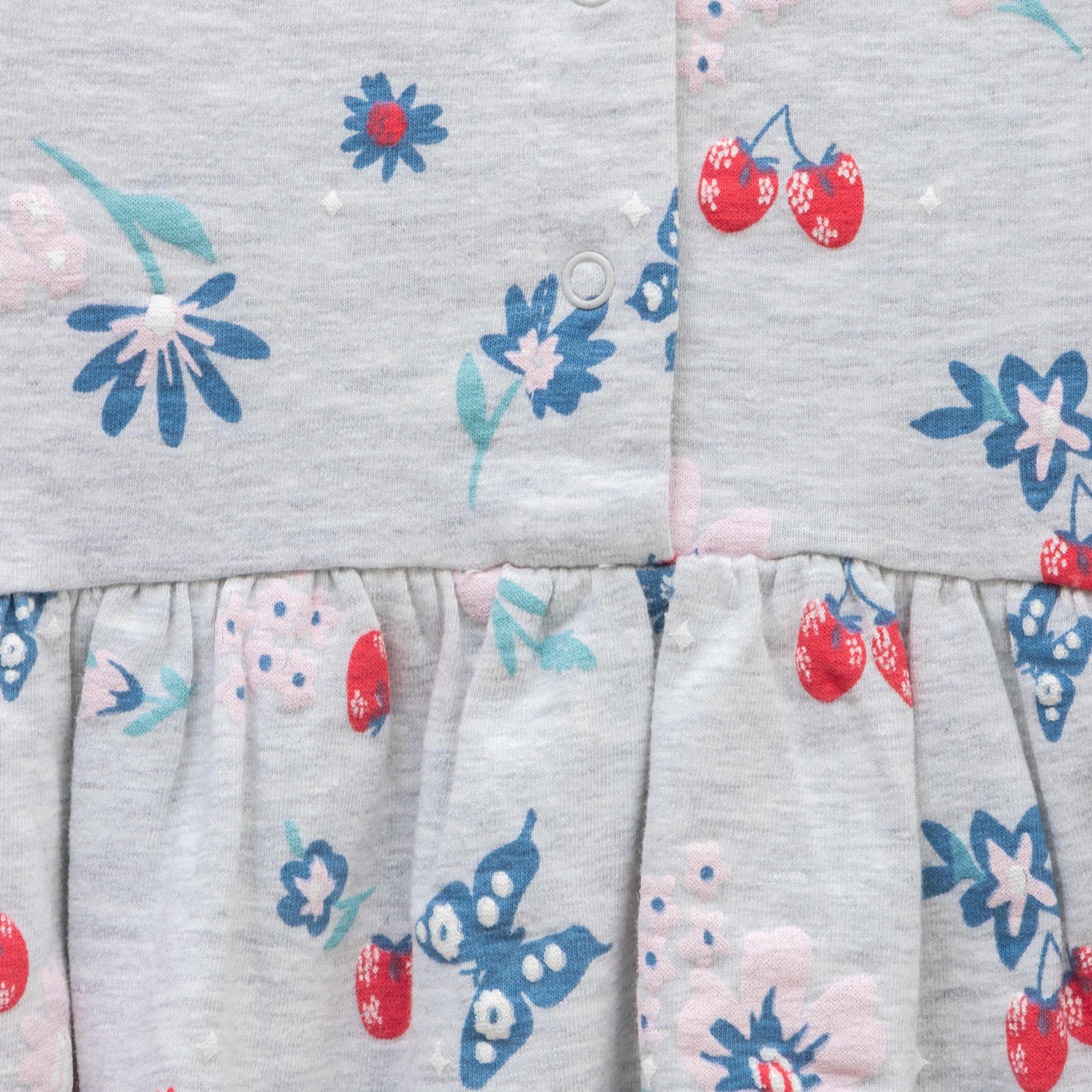 "Girls' Floral Print Cap Sleeve Dress with Bow – Light Grey"
