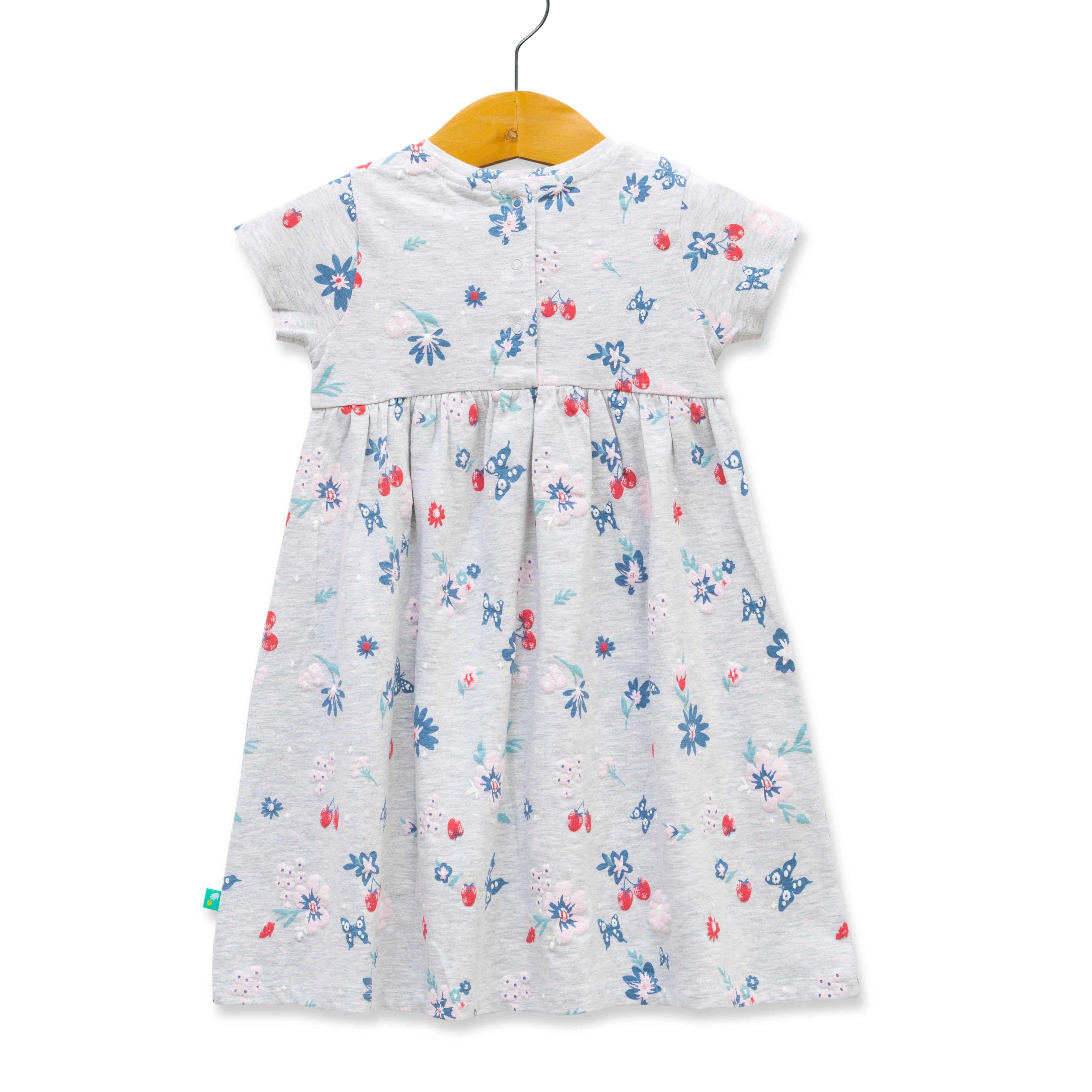 "Girls' Floral Print Cap Sleeve Dress with Bow – Light Grey"