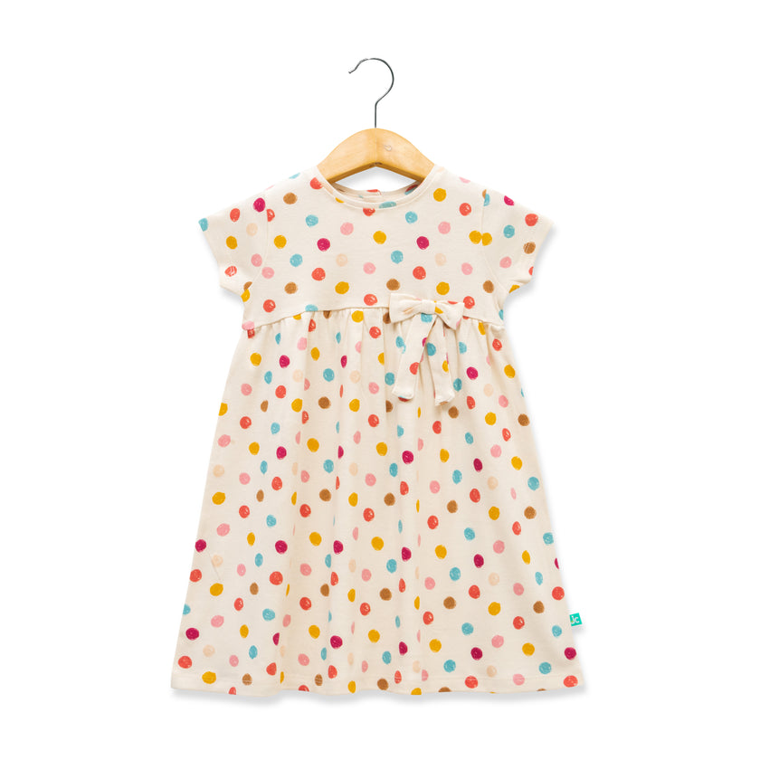 "Baby Girls Short Sleeve Polka Dot A-Line Dress – 100% Cotton, Lightweight & Breathable"