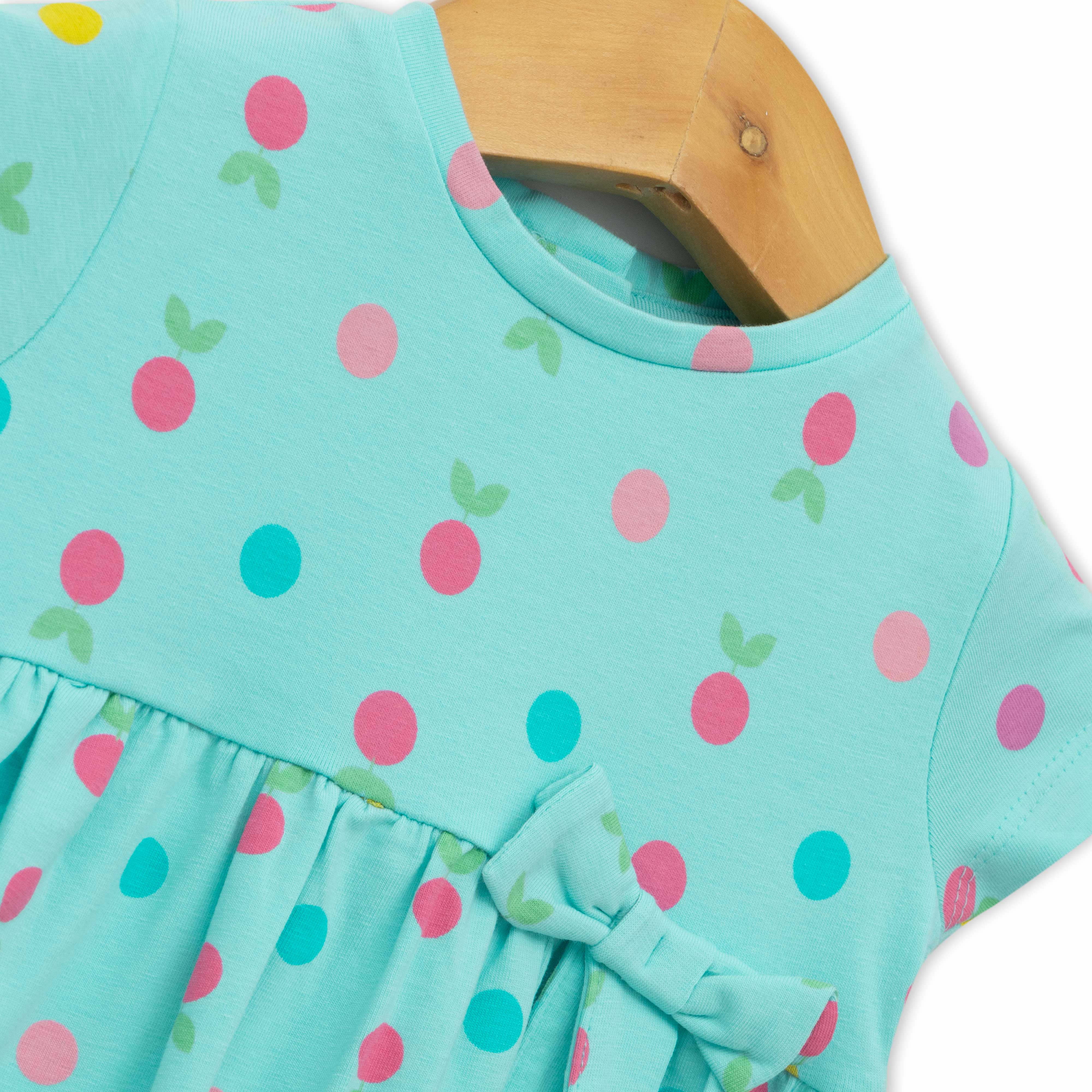 Baby Girls' Aqua Blue Polka Dot Dress – Short Sleeve, Bow Detail, Casual Summer Wear