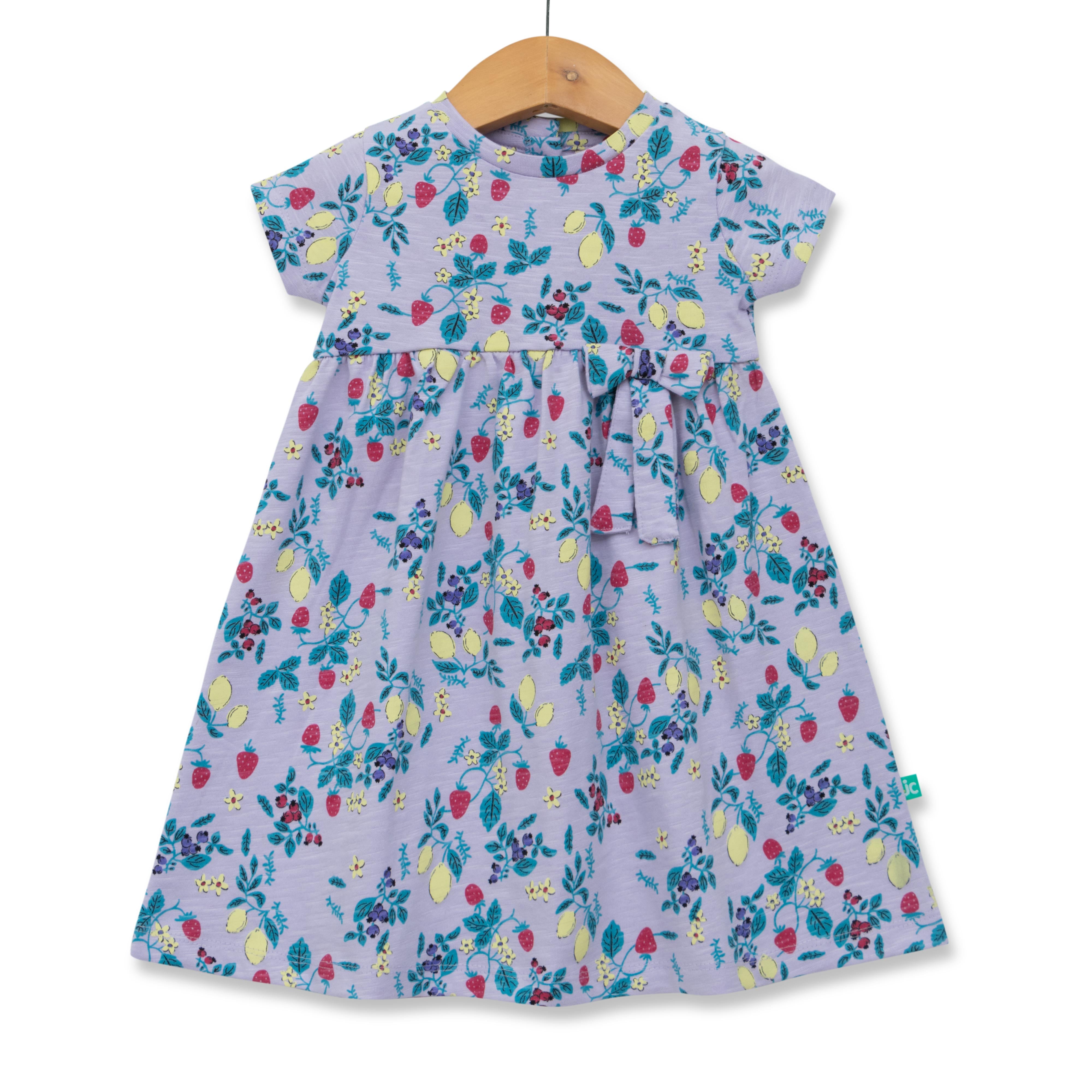 Girls' Lavender Fruit-Print Dress with Bow Detail