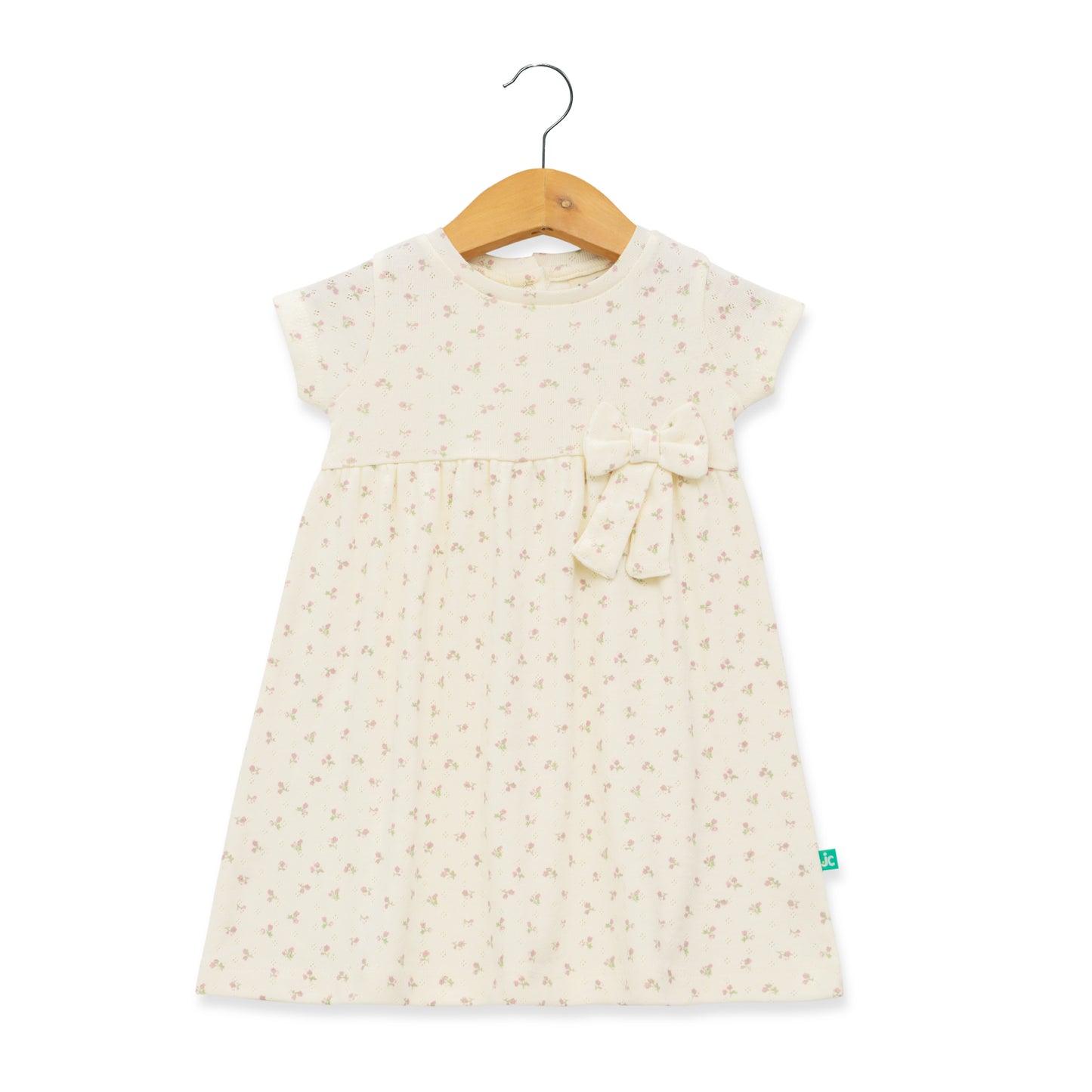 Girls' Cream Floral Print Cap Sleeve Dress with Bow Accent
