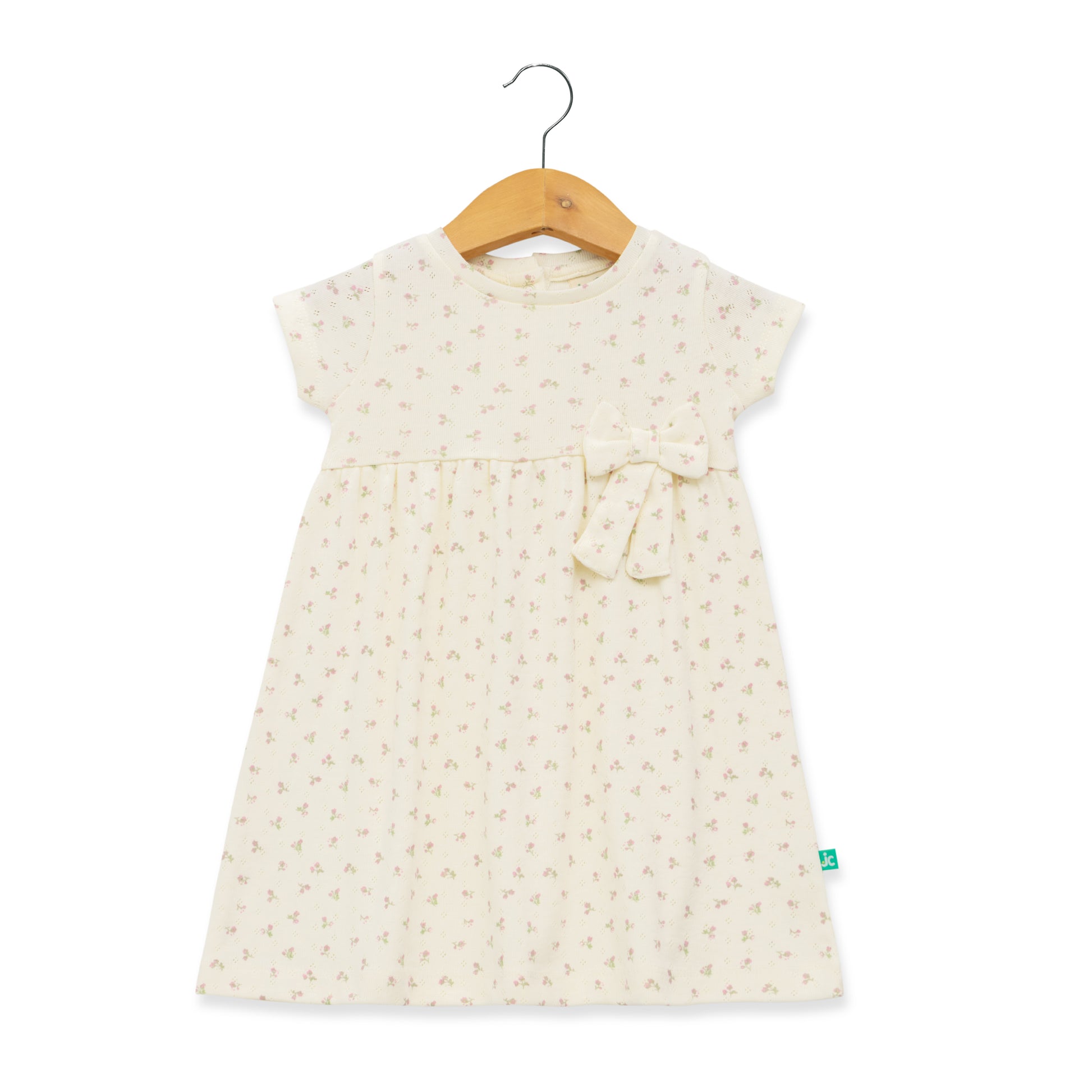 Girls' Cream Floral Print Cap Sleeve Dress with Bow Accent