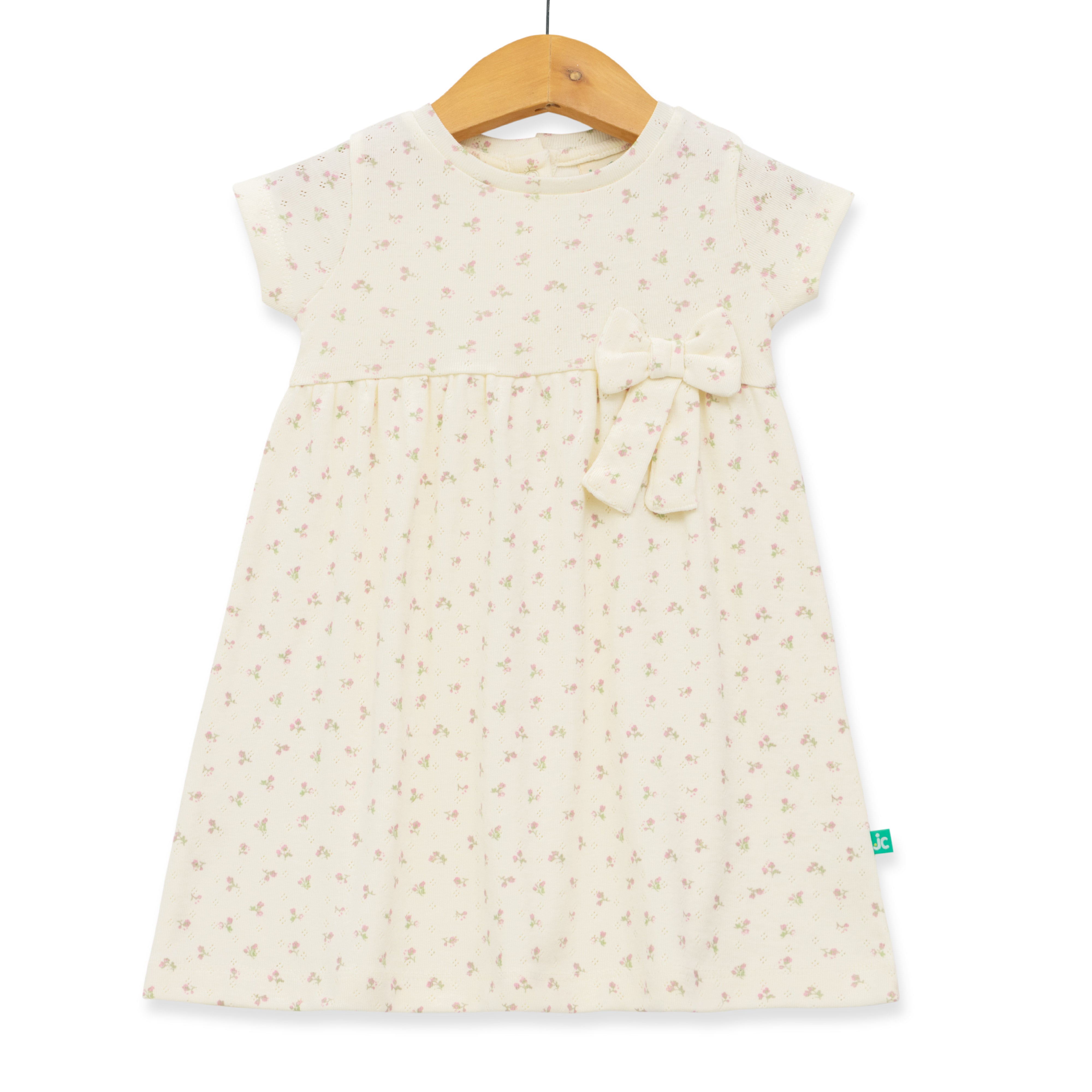 Girls' Cream Floral Print Cap Sleeve Dress with Bow Accent
