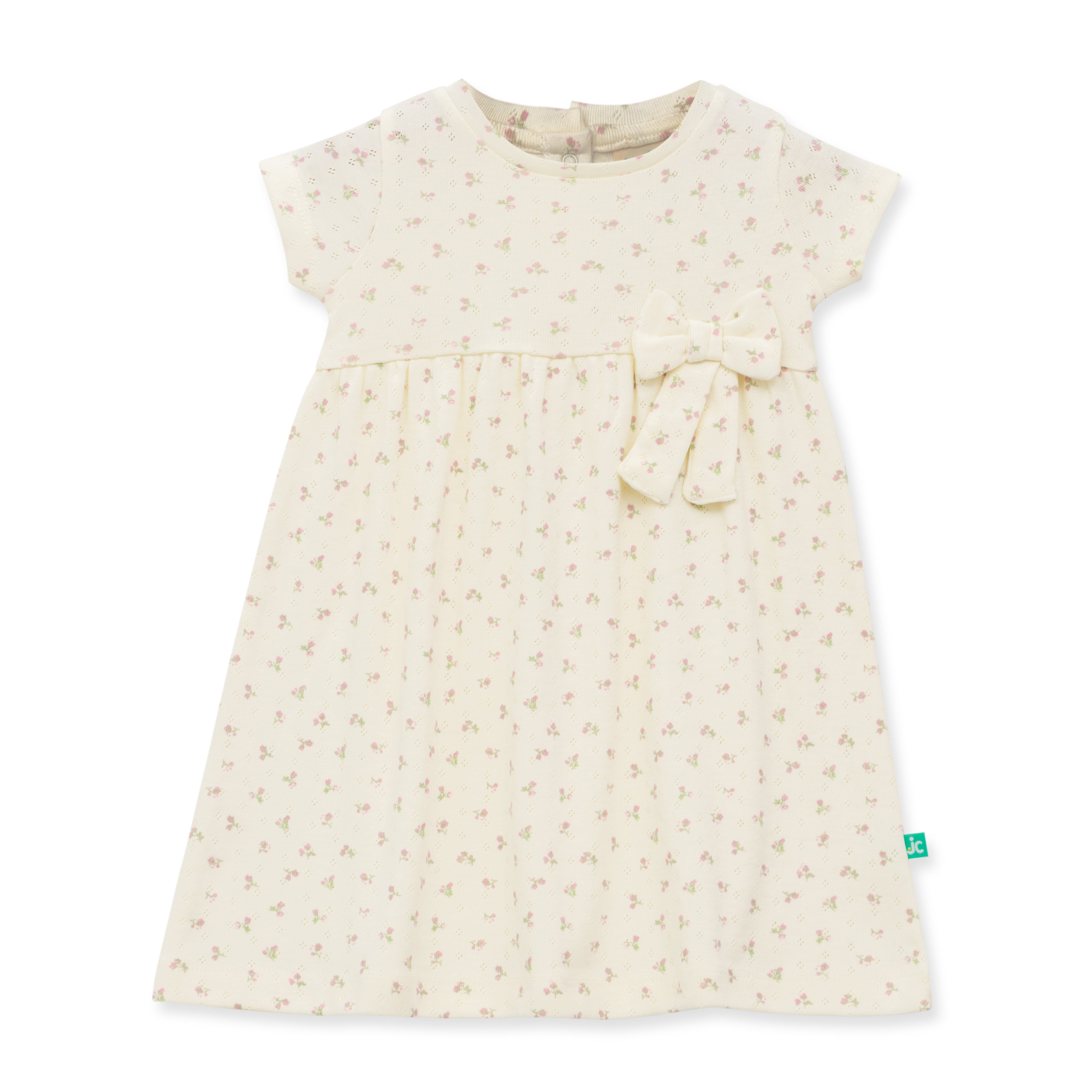Baby Girls' Cream Floral Print Cap Sleeve Dress with Bow Accent