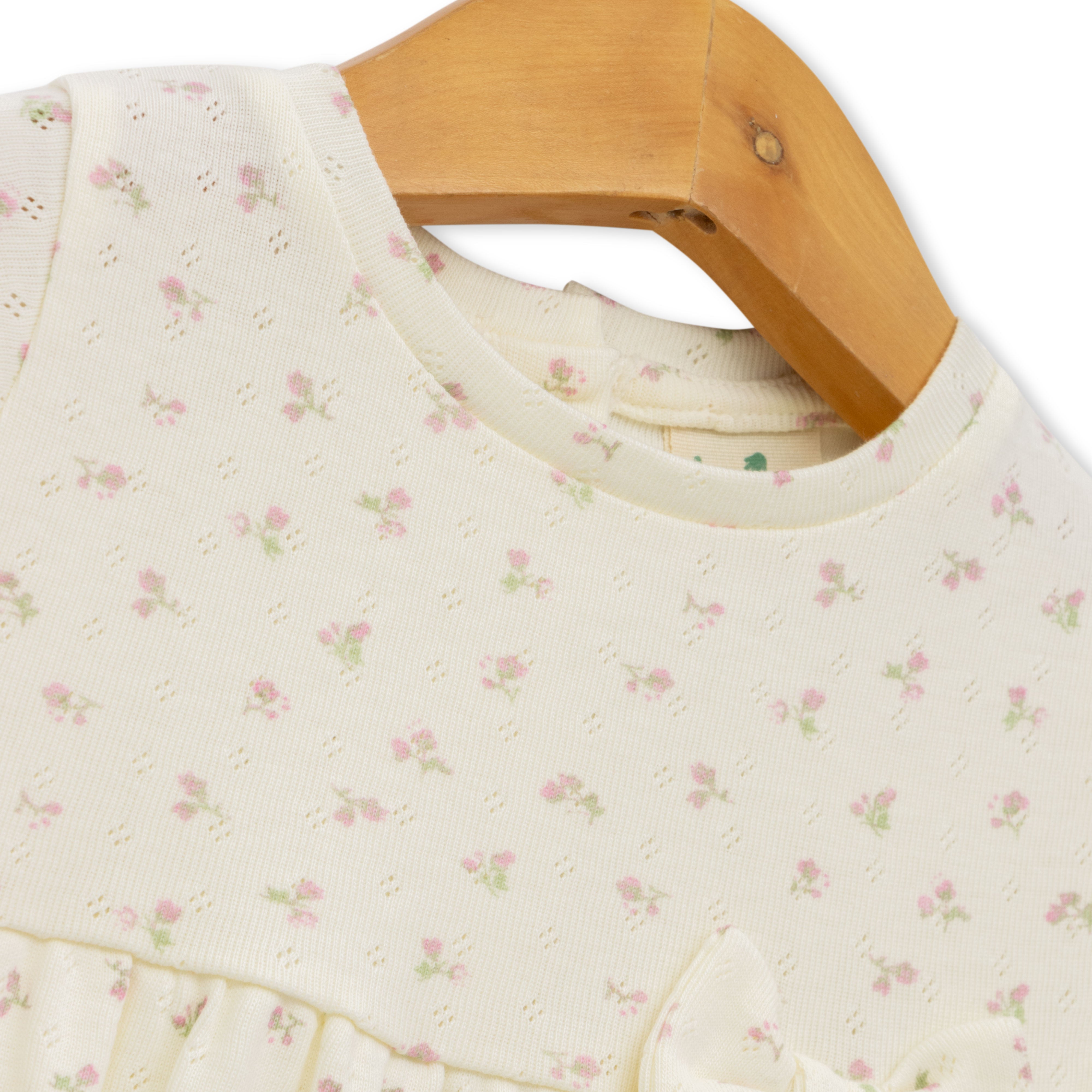 Baby Girls' Cream Floral Print Cap Sleeve Dress with Bow Accent