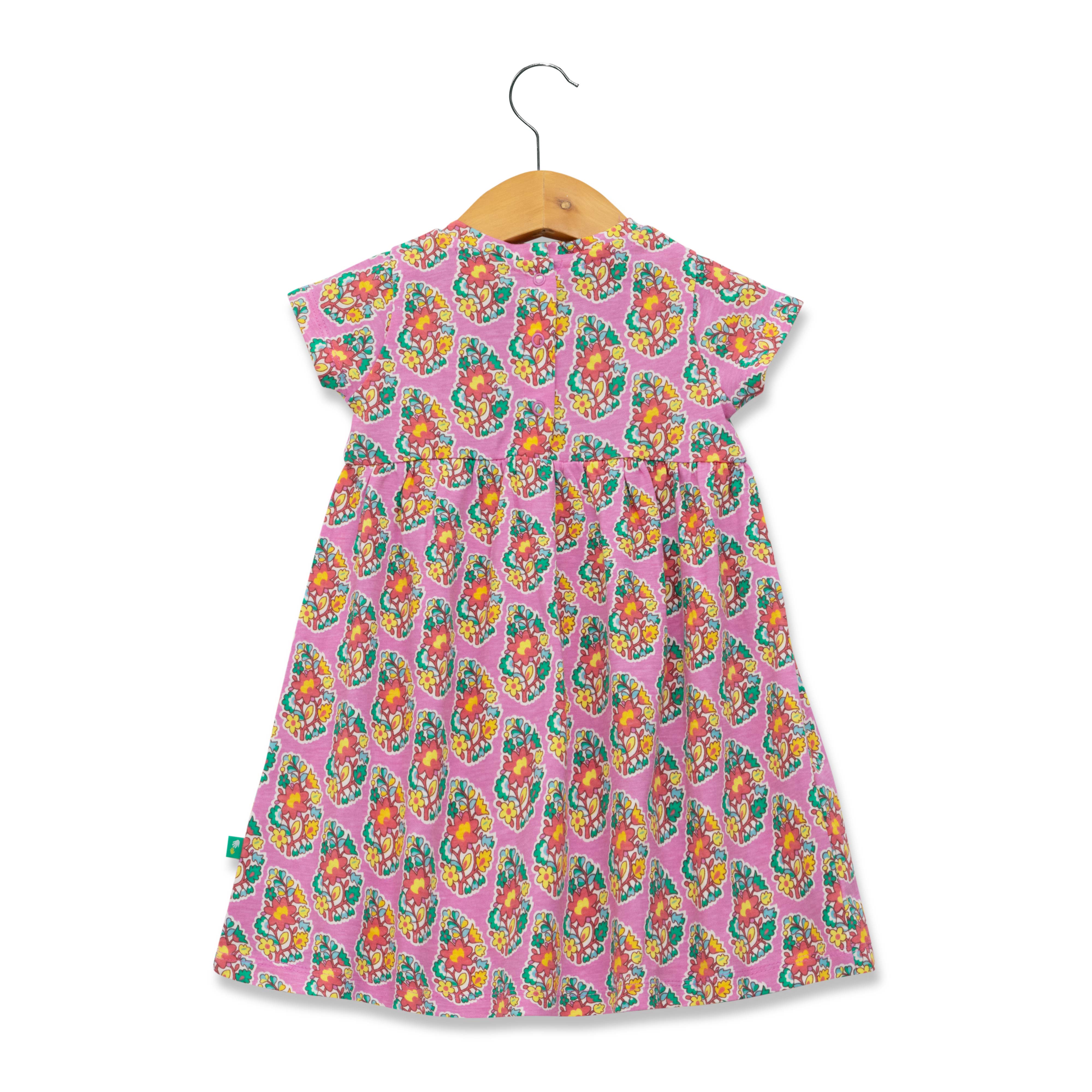Baby Girls' Pink Floral Print Dress – Short Sleeve, Bow Accent, Casual Summer Outfit