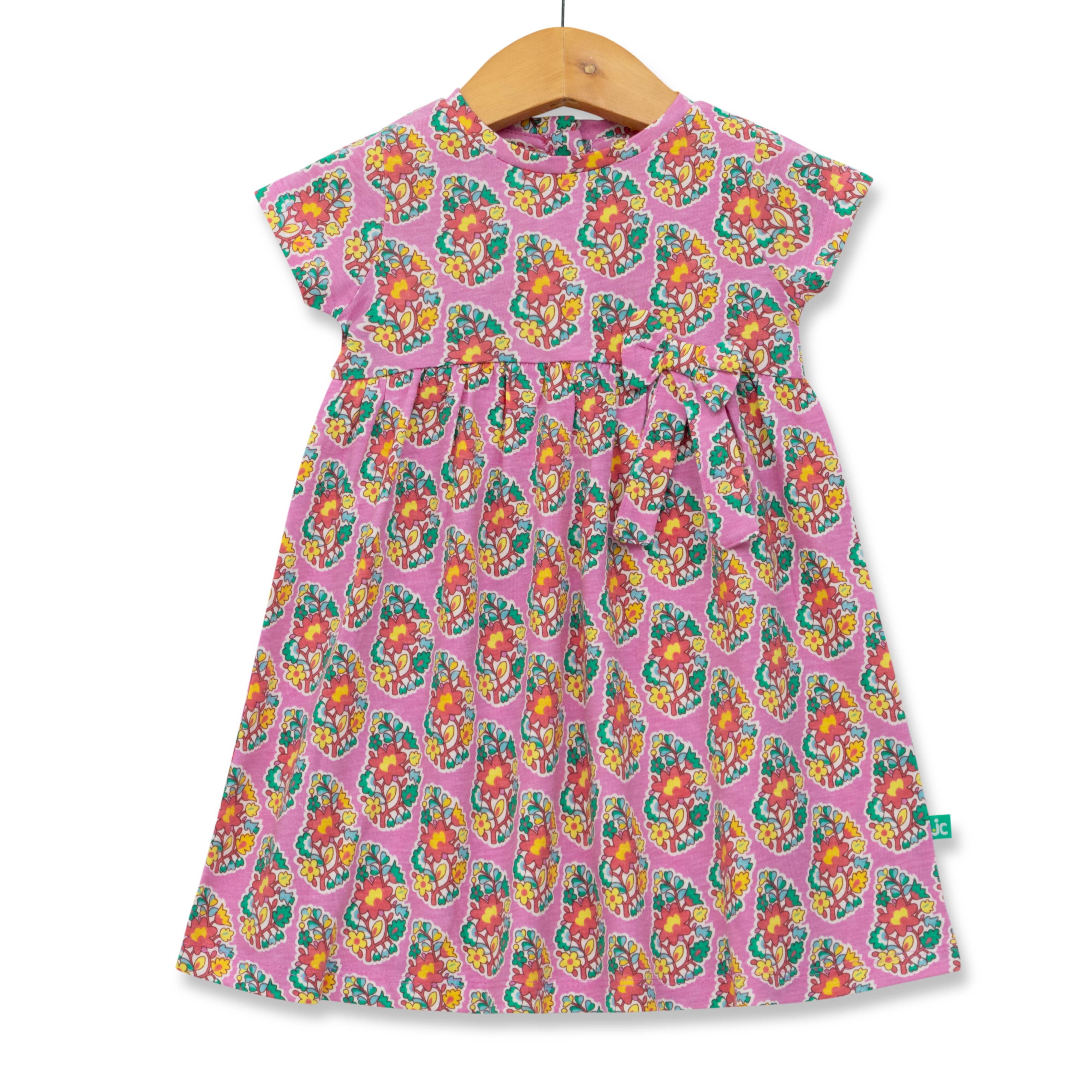 Baby Girls' Pink Floral Print Dress – Short Sleeve, Bow Accent, Casual Summer Outfit