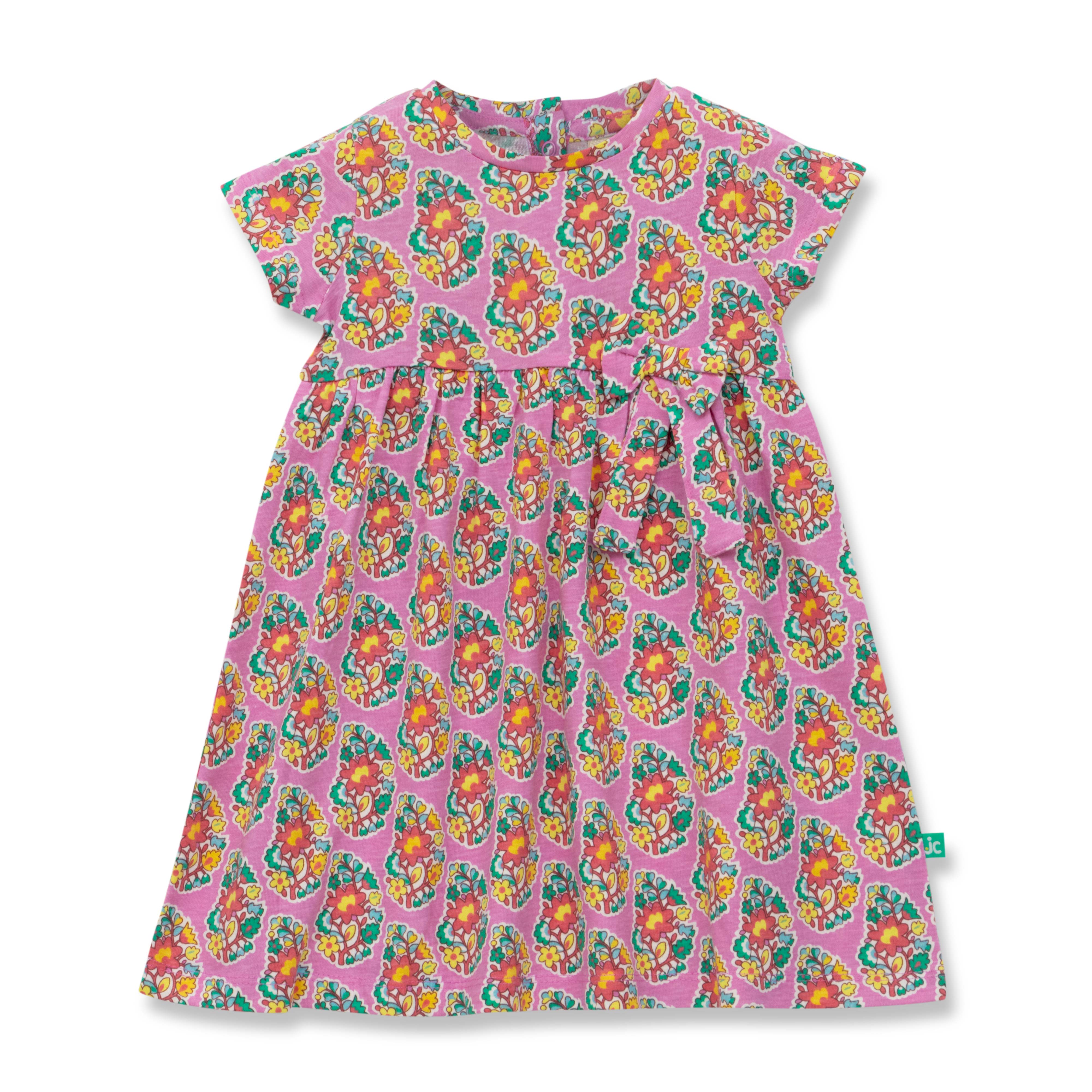 Baby Girls' Pink Floral Print Dress – Short Sleeve, Bow Accent, Casual Summer Outfit