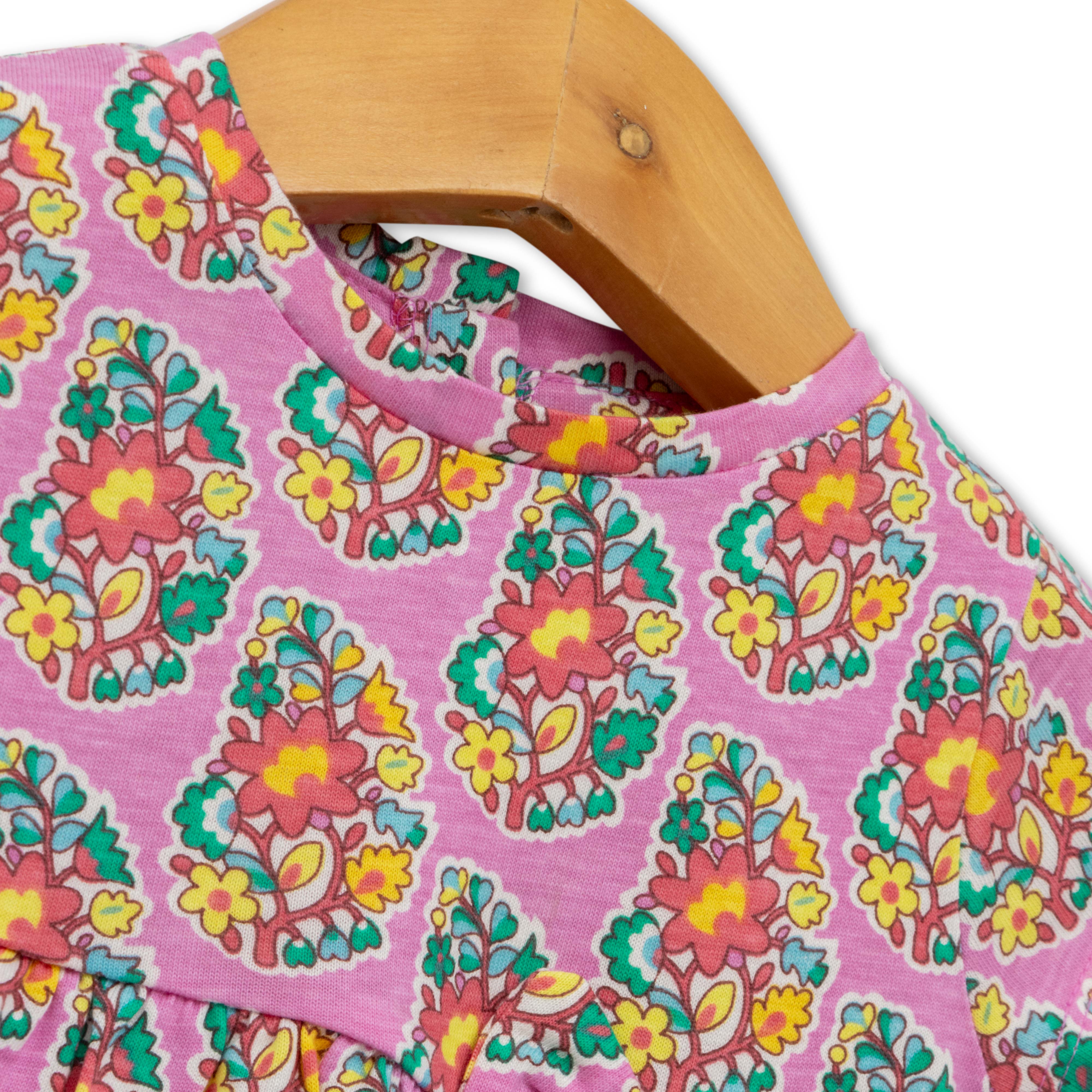 Baby Girls' Pink Floral Print Dress – Short Sleeve, Bow Accent, Casual Summer Outfit