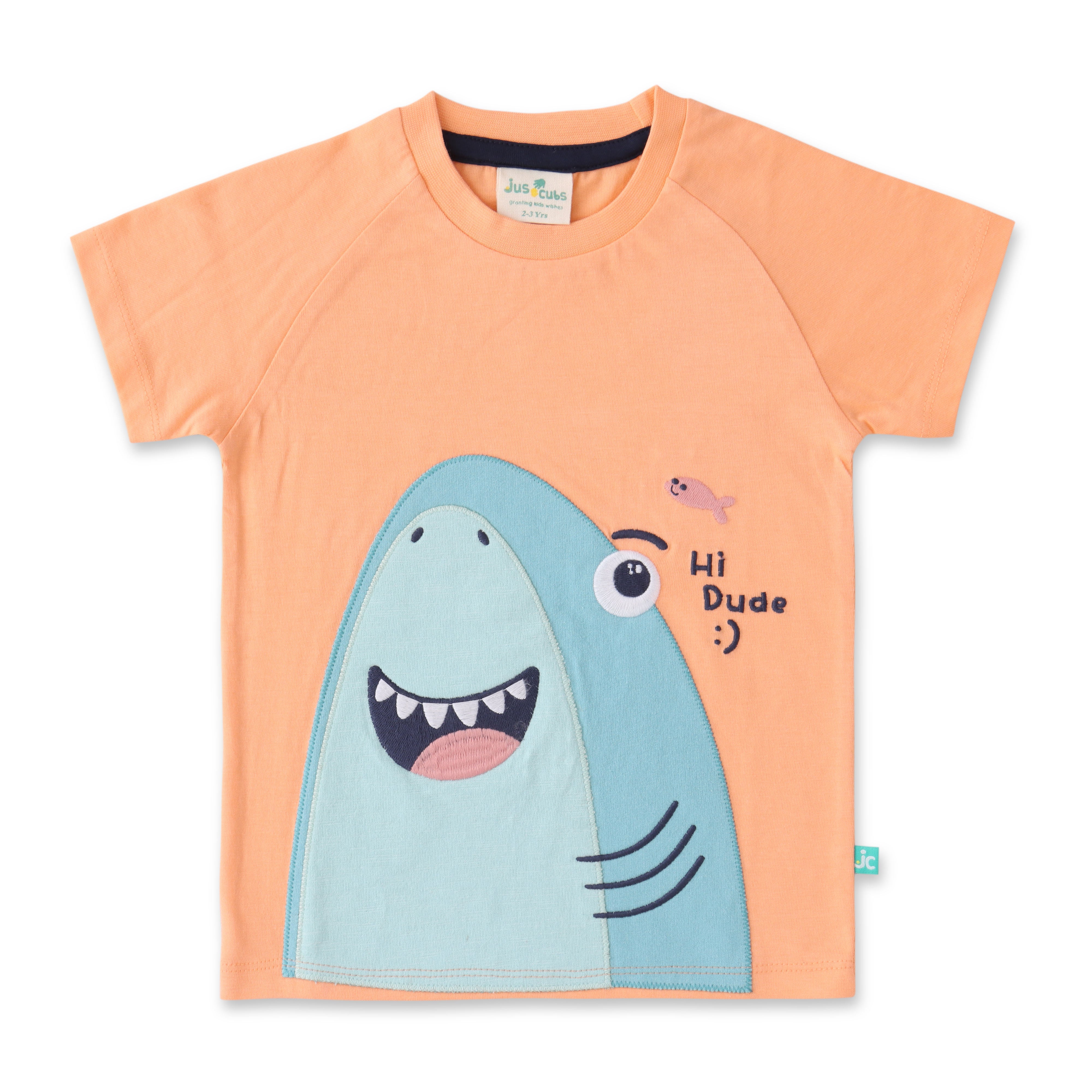 Boys Peach Shark Print T-Shirt & Shorts Set – "Hi Dude" Design