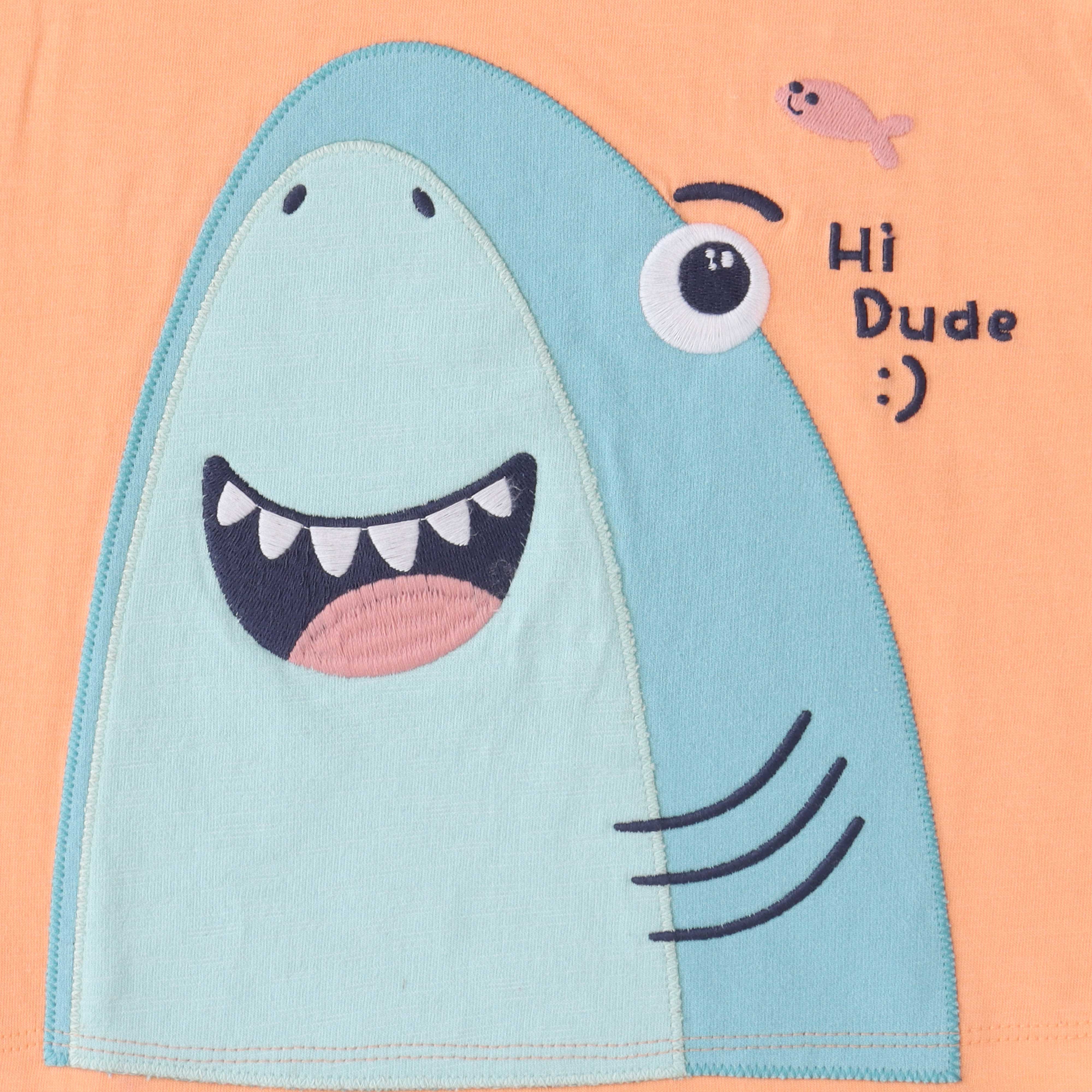 Boys Peach Shark Print T-Shirt & Shorts Set – "Hi Dude" Design