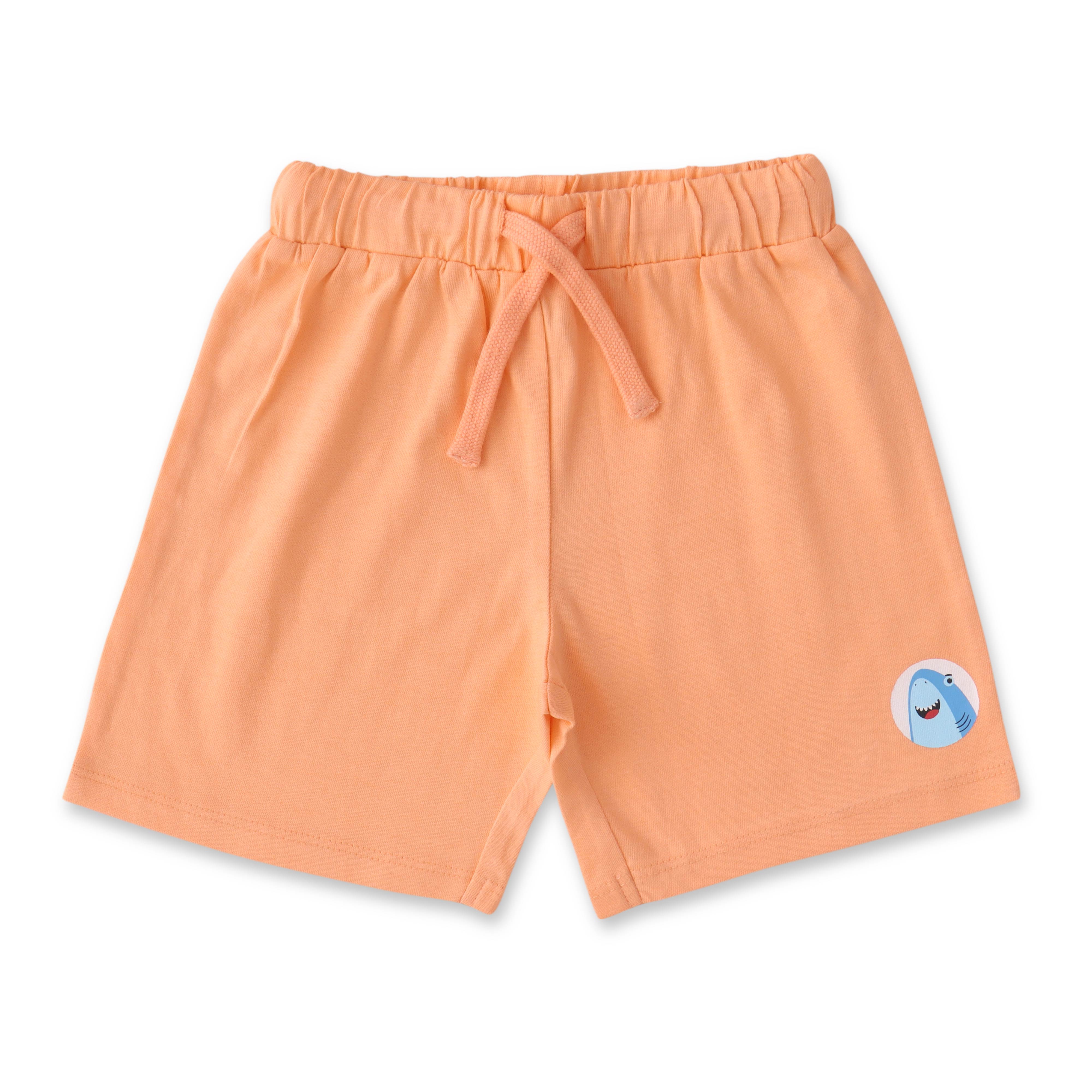 Boys Peach Shark Print T-Shirt & Shorts Set – "Hi Dude" Design