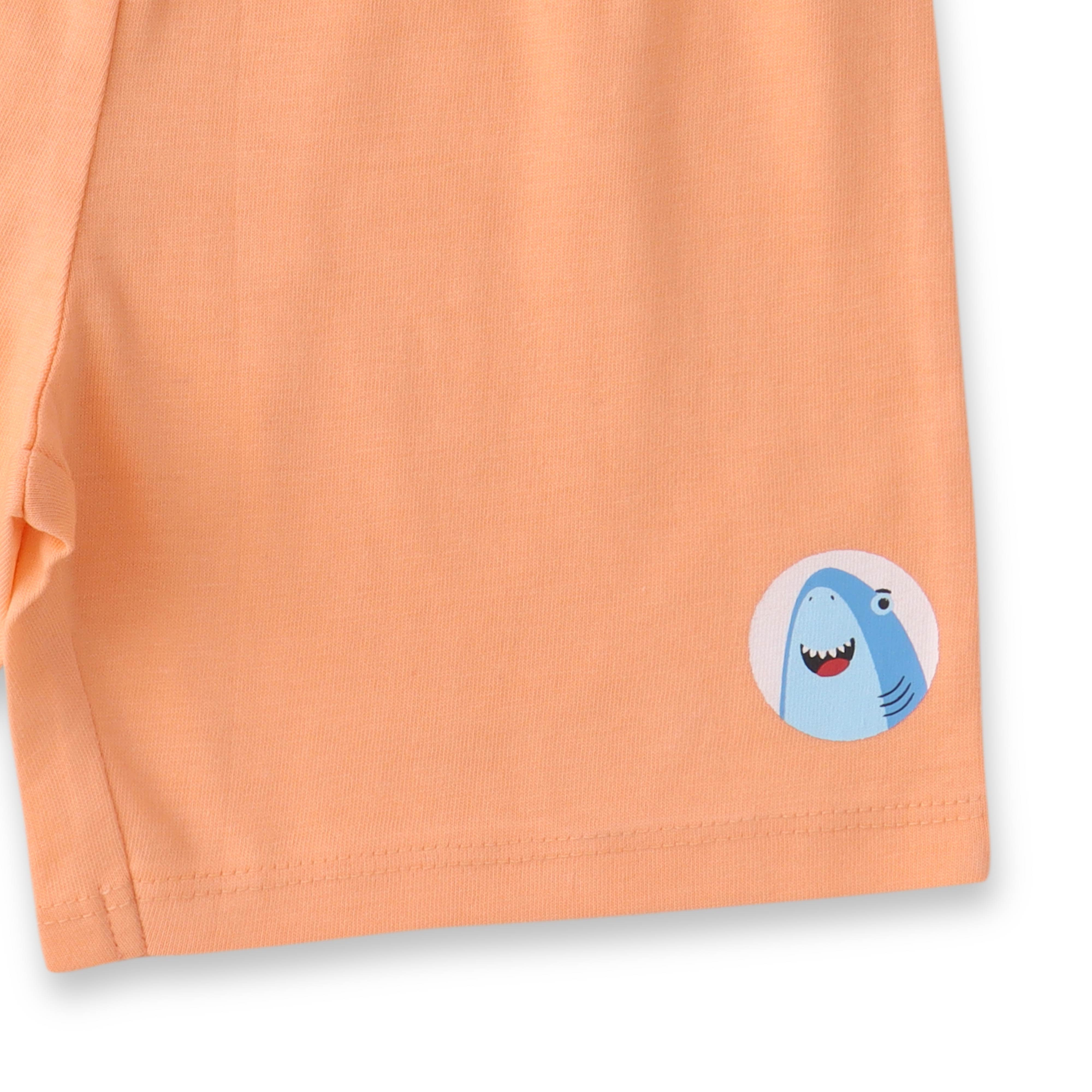 Boys Peach Shark Print T-Shirt & Shorts Set – "Hi Dude" Design