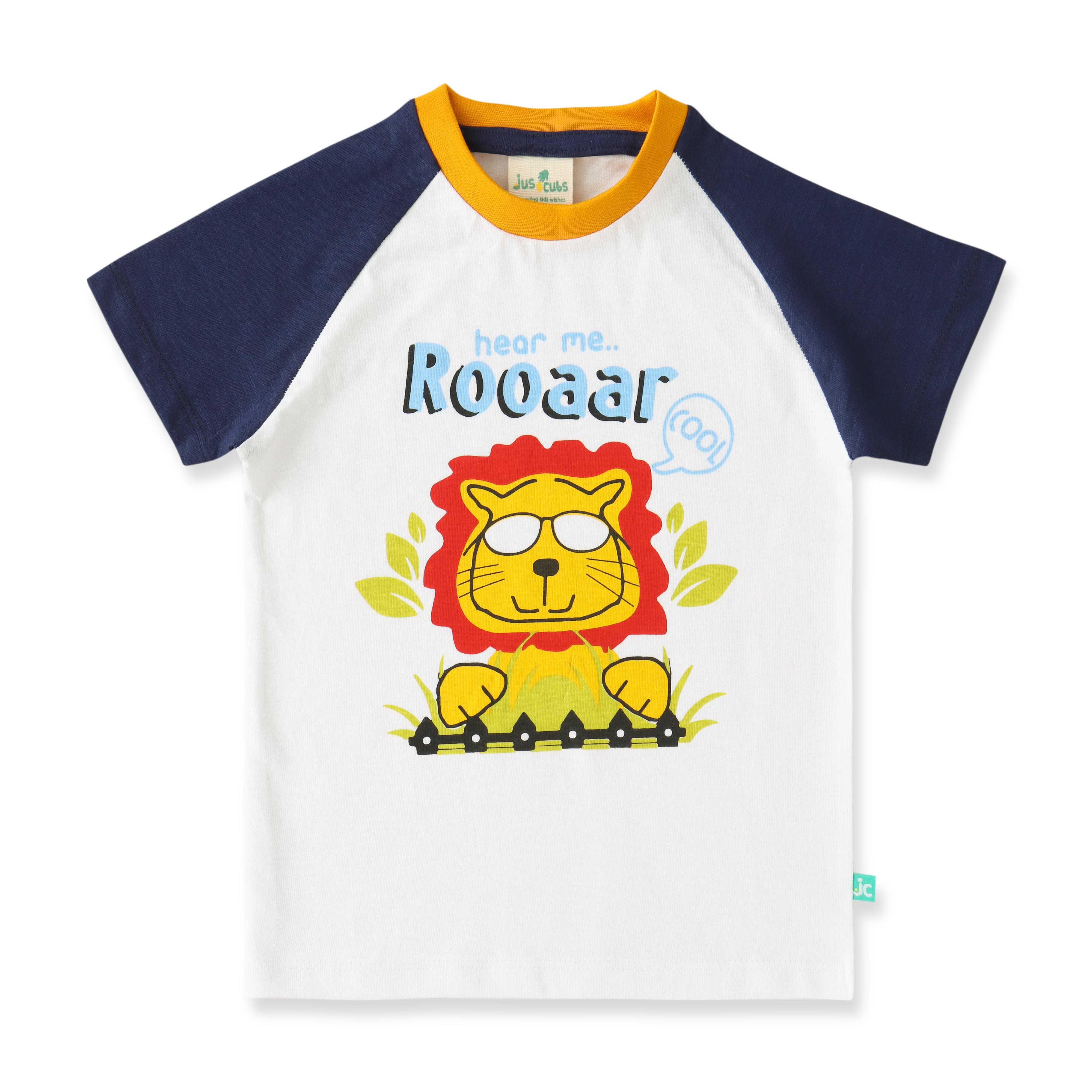Boys Roaring Lion T-Shirt & Shorts Set – Fun Animal Print (White, Navy & Yellow)