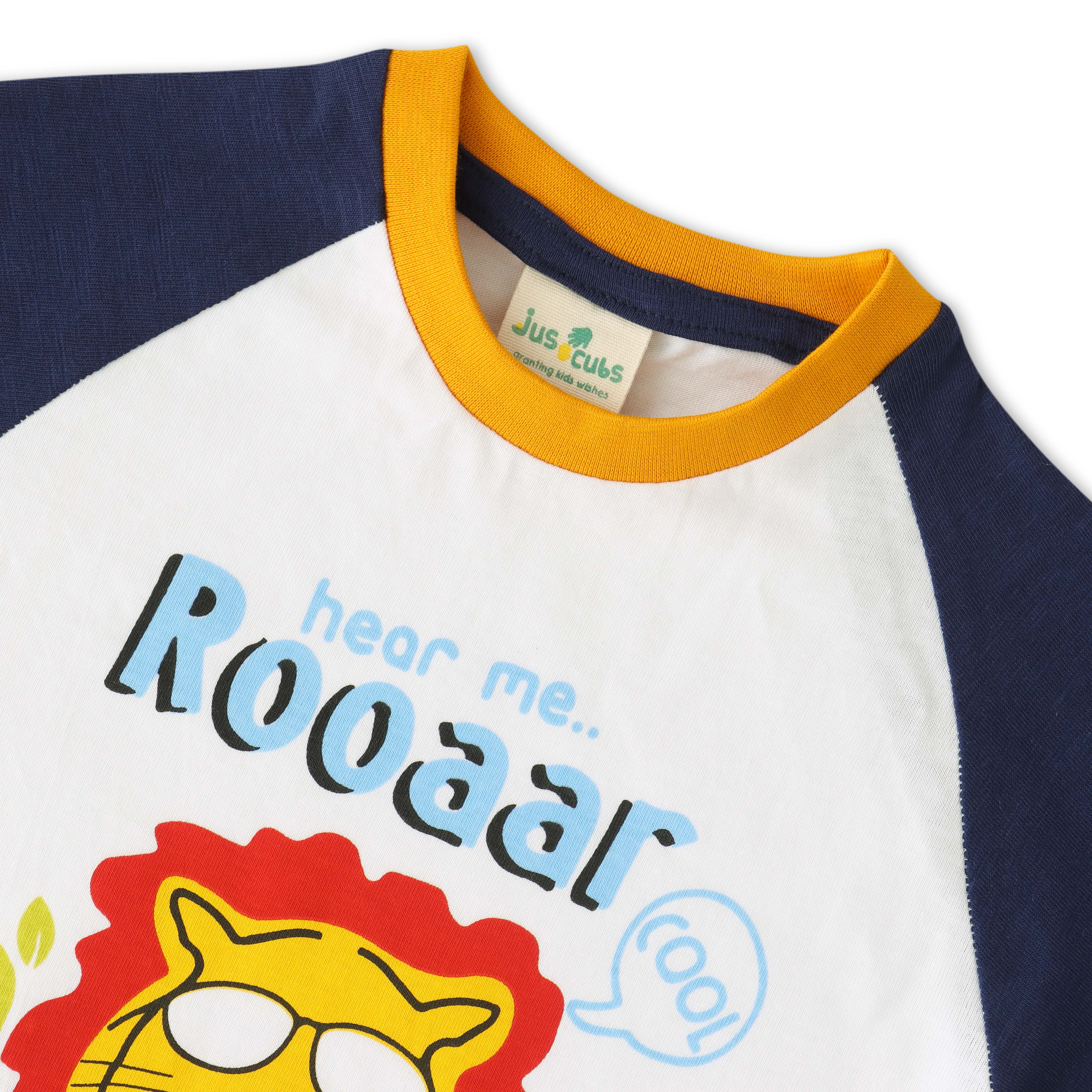 Boys Roaring Lion T-Shirt & Shorts Set – Fun Animal Print (White, Navy & Yellow)