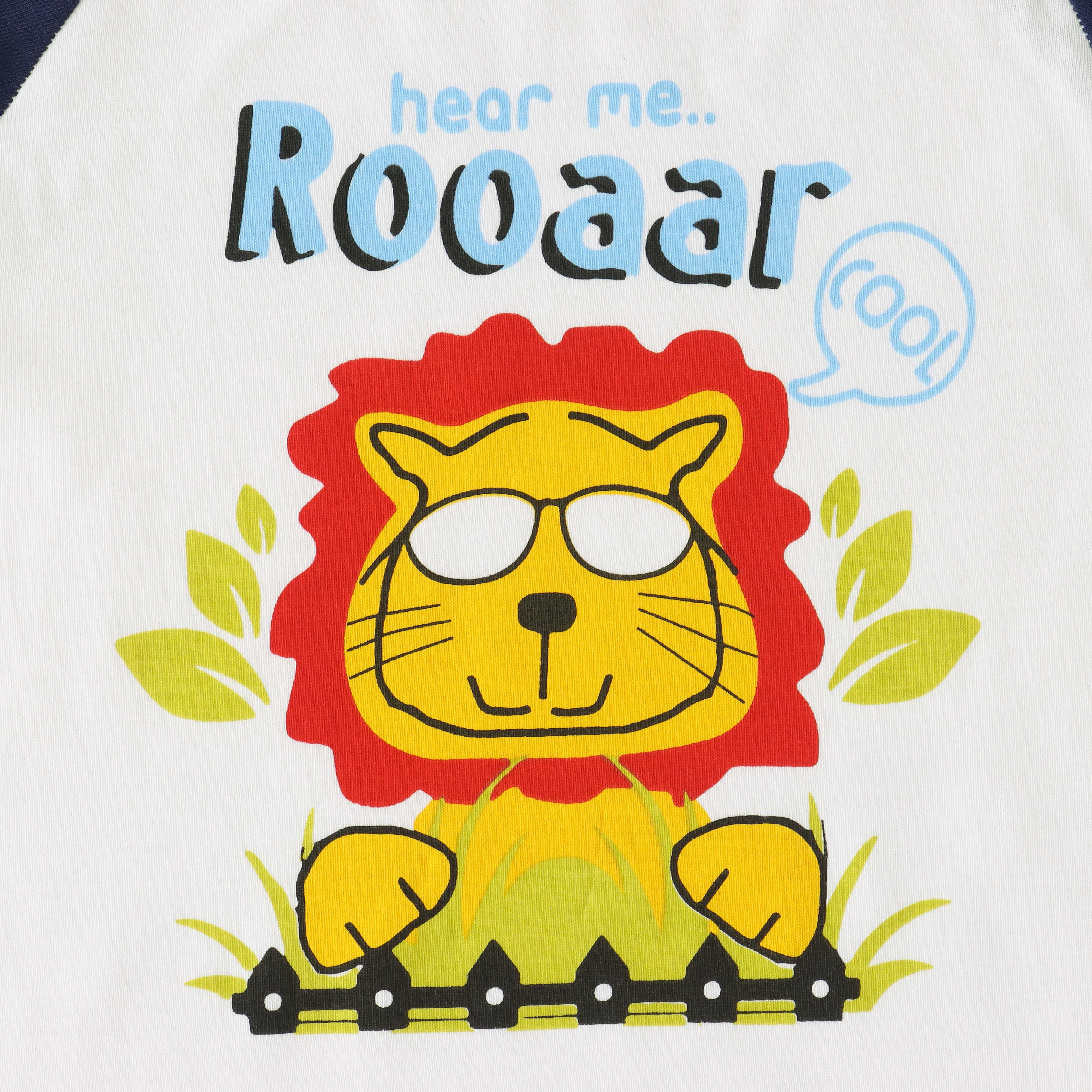 Boys Roaring Lion T-Shirt & Shorts Set – Fun Animal Print (White, Navy & Yellow)