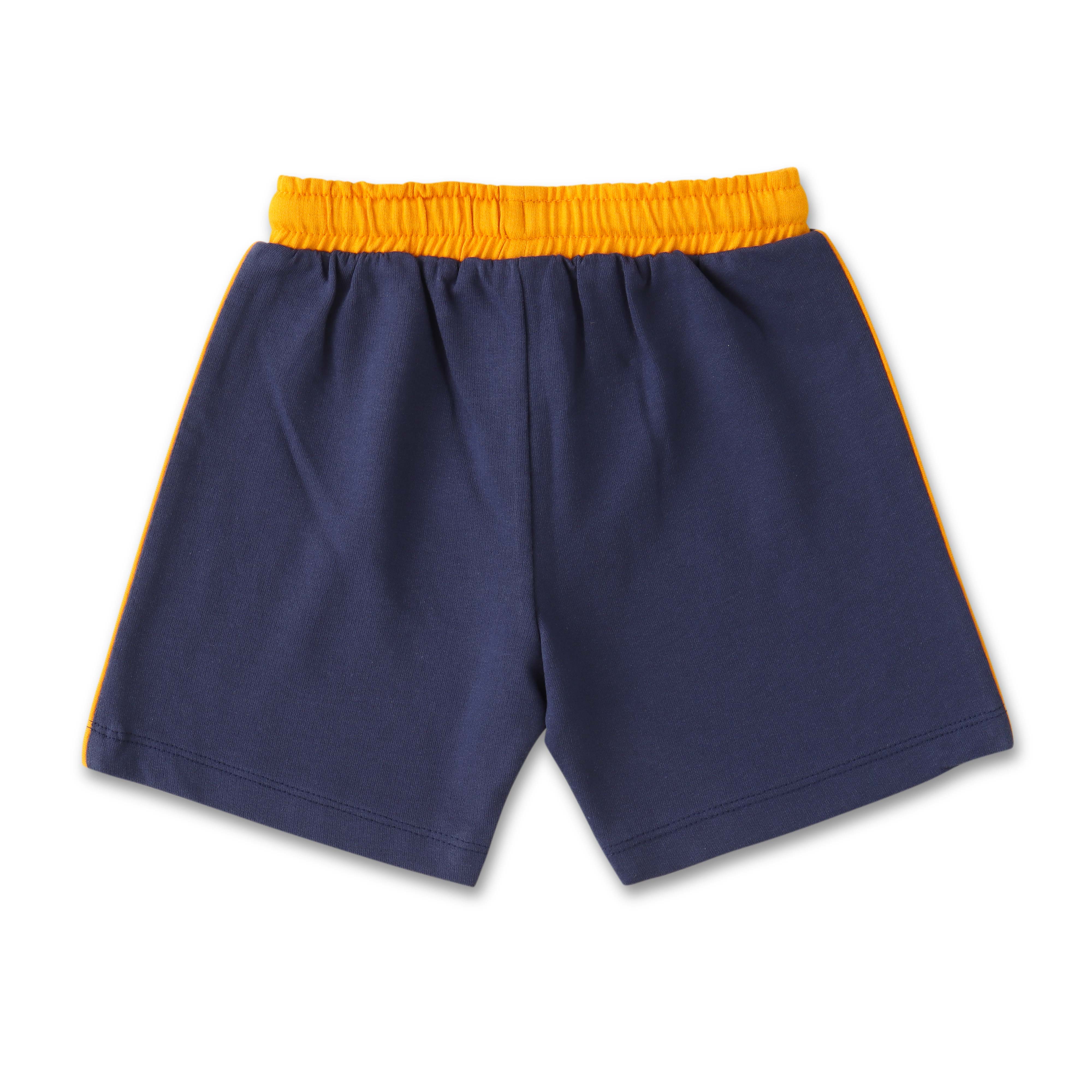 Boys Roaring Lion T-Shirt & Shorts Set – Fun Animal Print (White, Navy & Yellow)