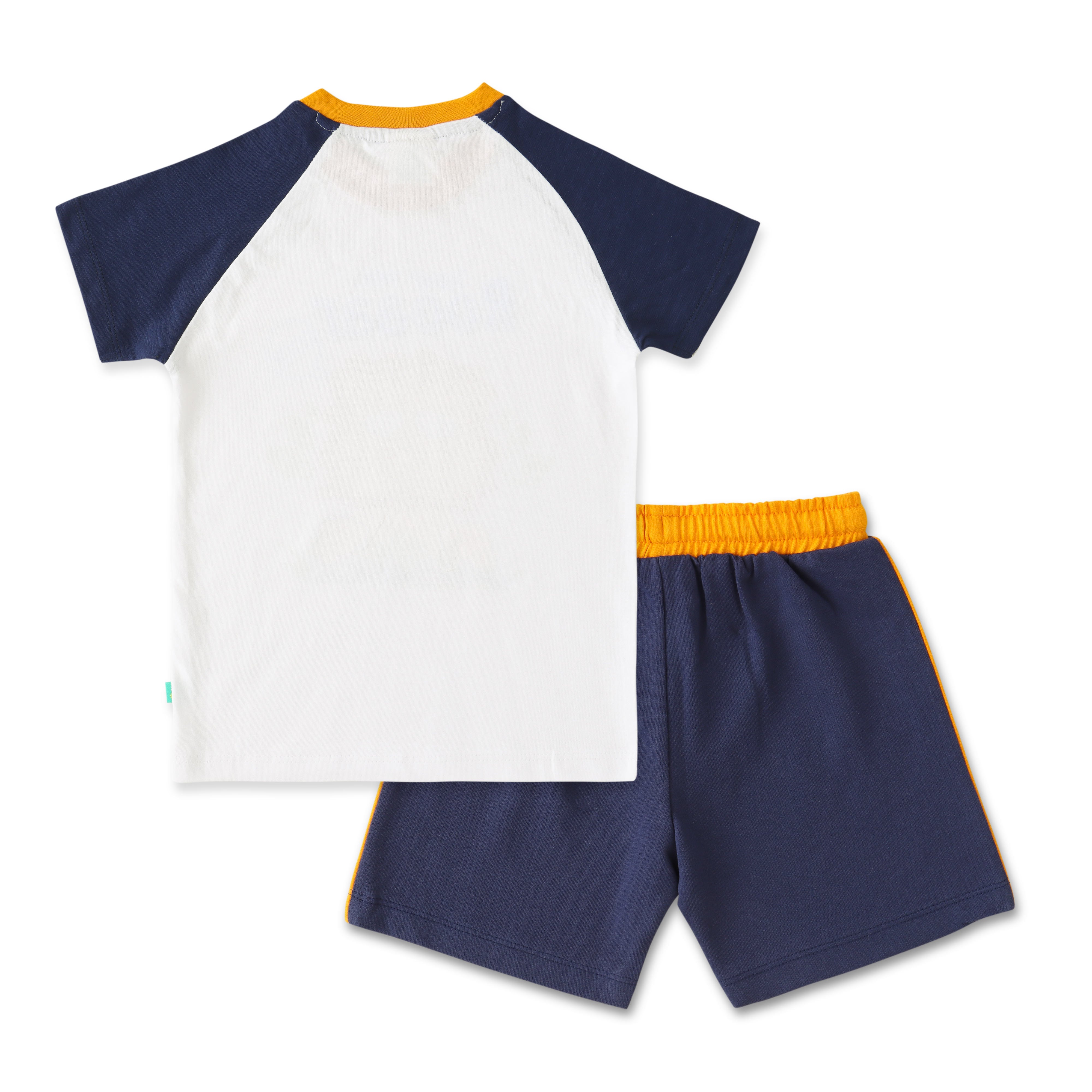 Boys Roaring Lion T-Shirt & Shorts Set – Fun Animal Print (White, Navy & Yellow)