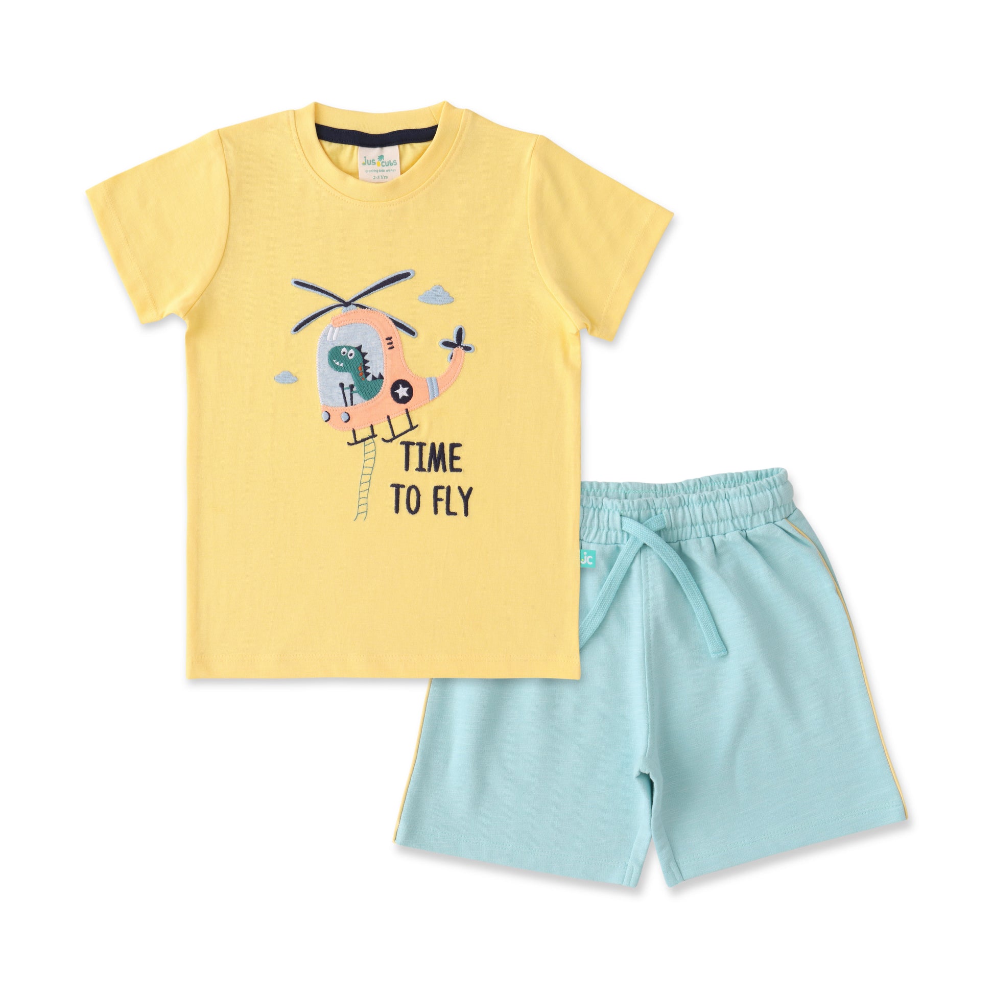 "Boys' Helicopter-Themed T-Shirt & Shorts Set – 'Time to Fly' Design"
