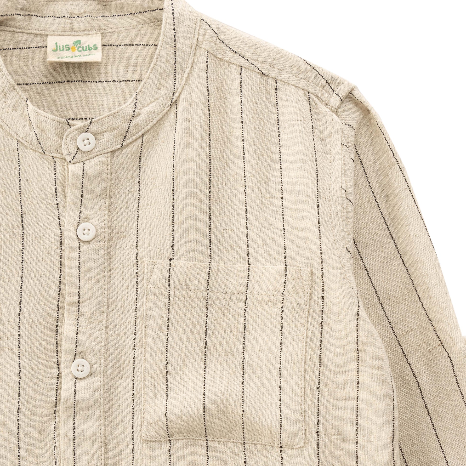 "Boys Beige Striped Cotton Shirt with Mandarin Collar – Full Sleeves"