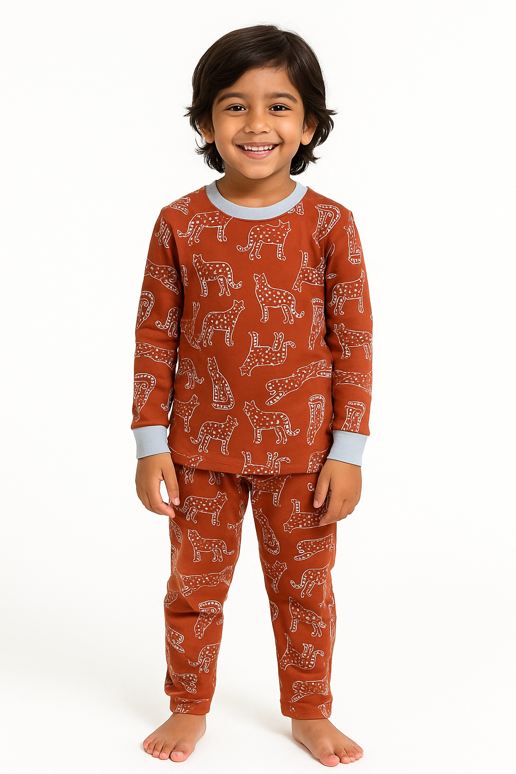 "Boys Rust Orange Leopard Print Nightwear Set – 100% Cotton Comfort Fit"