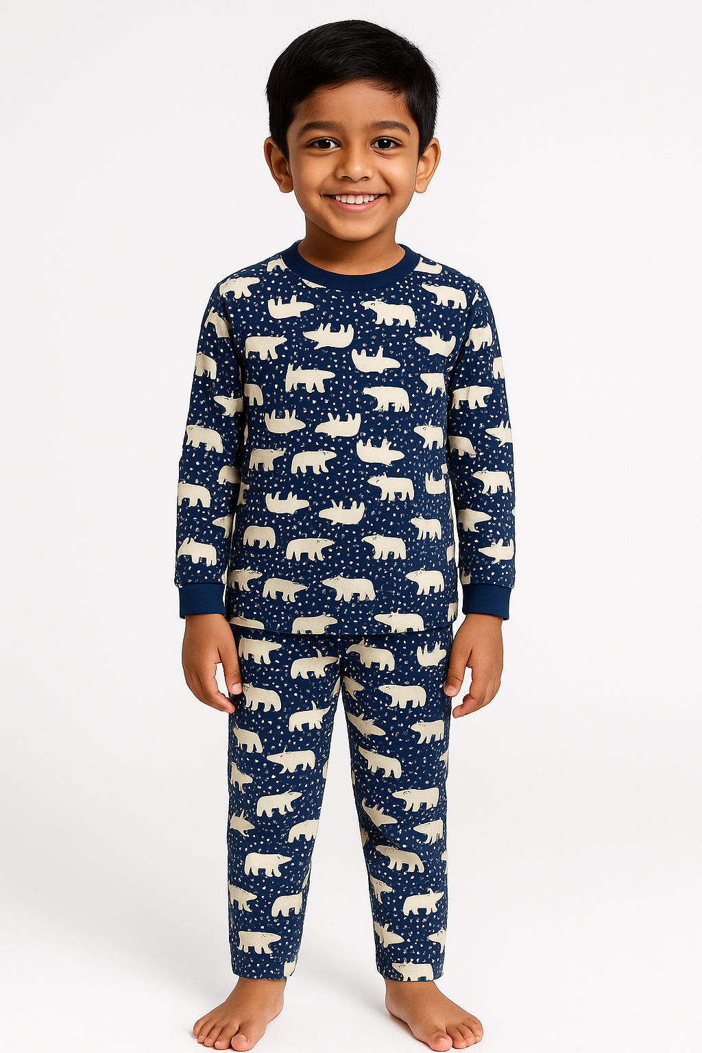 "Boys Polar Bear Printed Nightwear Set – 100% Cotton Comfort Fit Navy Blue"