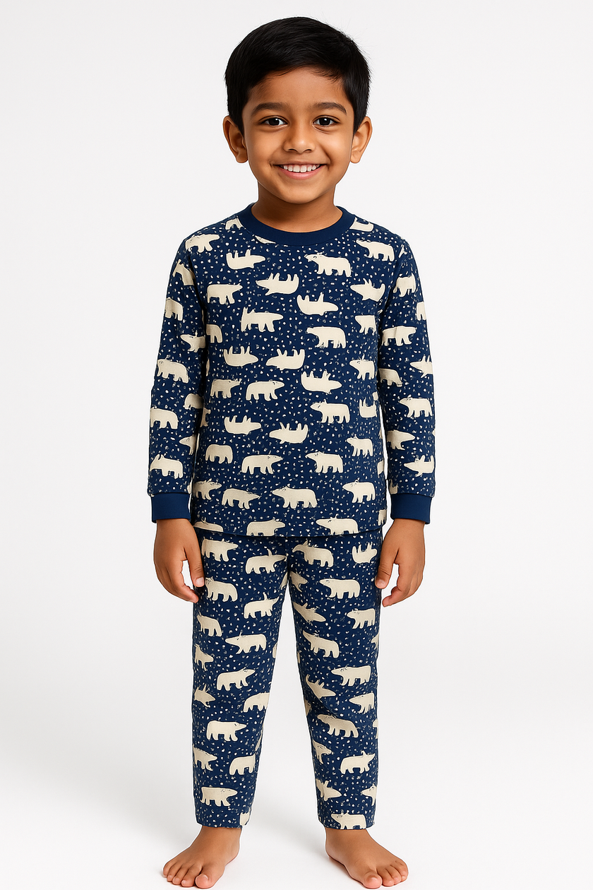 "Boys Polar Bear Printed Nightwear Set – 100% Cotton Comfort Fit Navy Blue"