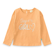 "Girls Peach 'Super Girl' Printed Cotton Full Sleeve T-Shirt"