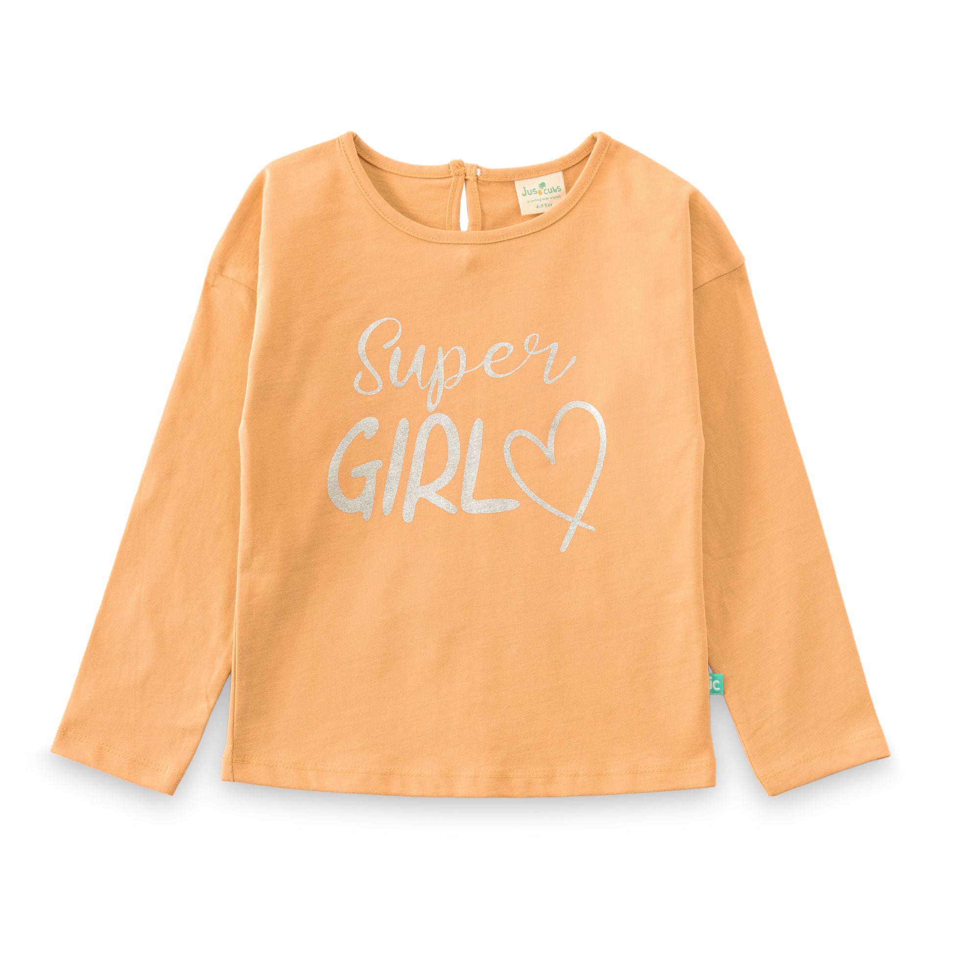 "Girls Peach 'Super Girl' Printed Cotton Full Sleeve T-Shirt"