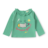 "Baby Girls' Green Cotton Full Sleeve Top with Creative Pencil Print & Ruffle Neck"