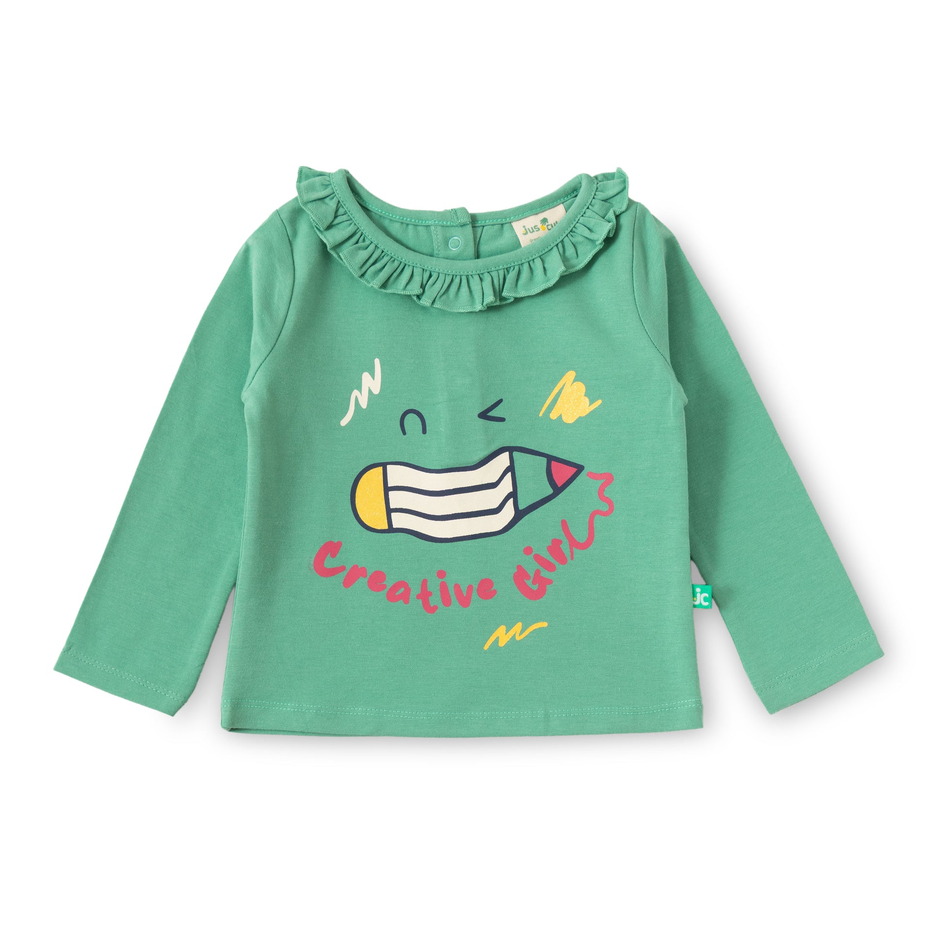 "Baby Girls' Green Cotton Full Sleeve Top with Creative Pencil Print & Ruffle Neck"
