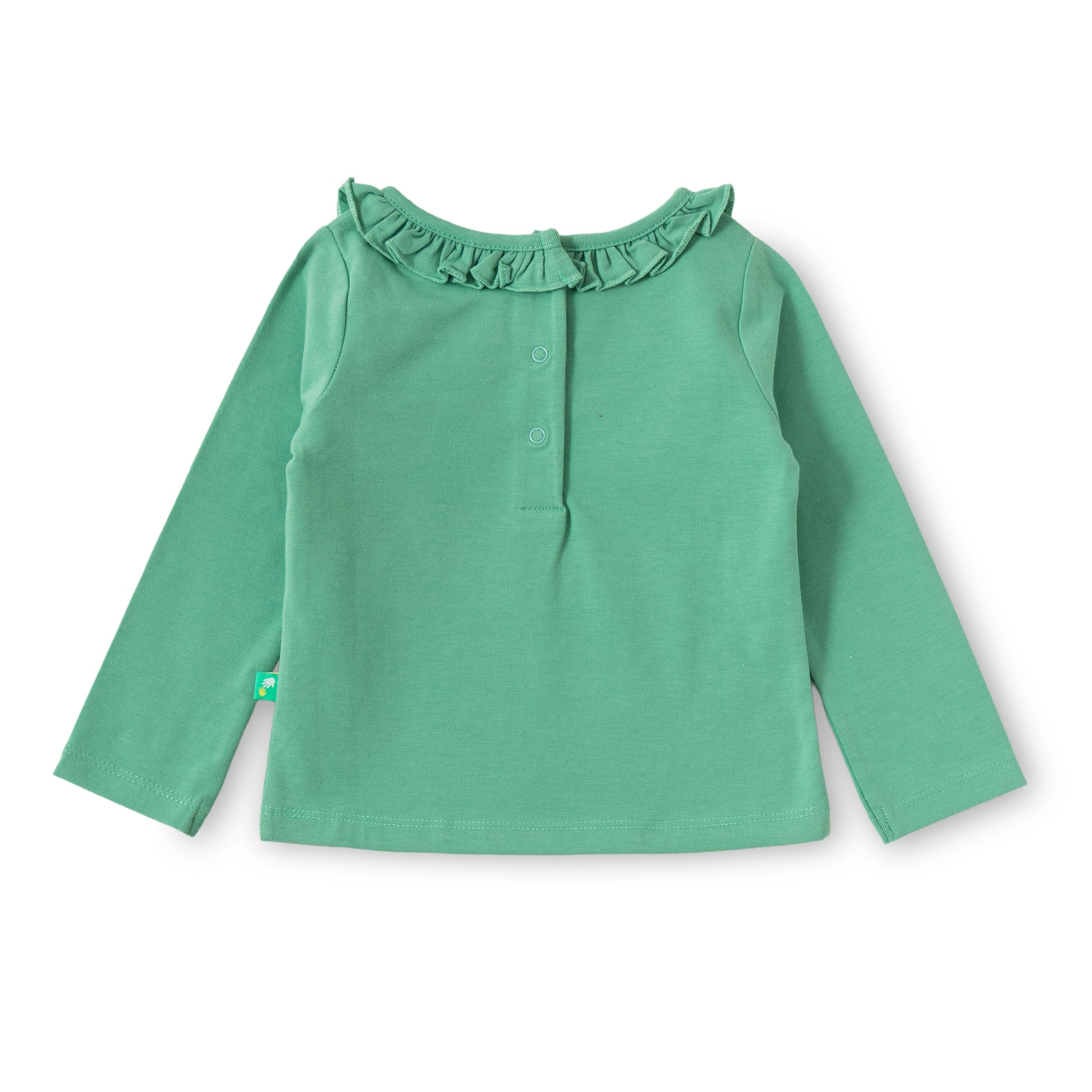 "Baby Girls' Green Cotton Full Sleeve Top with Creative Pencil Print & Ruffle Neck"