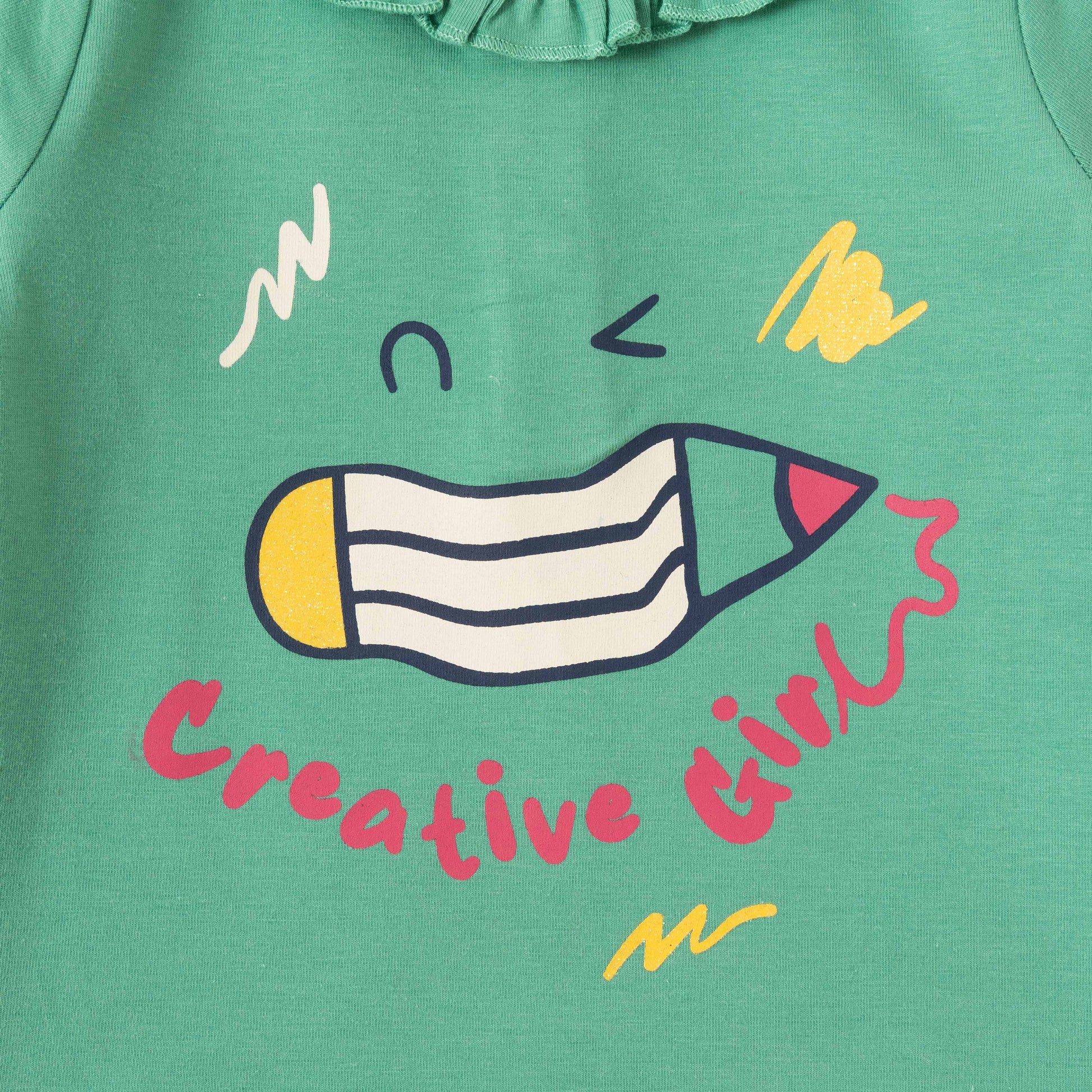 "Baby Girls' Green Cotton Full Sleeve Top with Creative Pencil Print & Ruffle Neck"