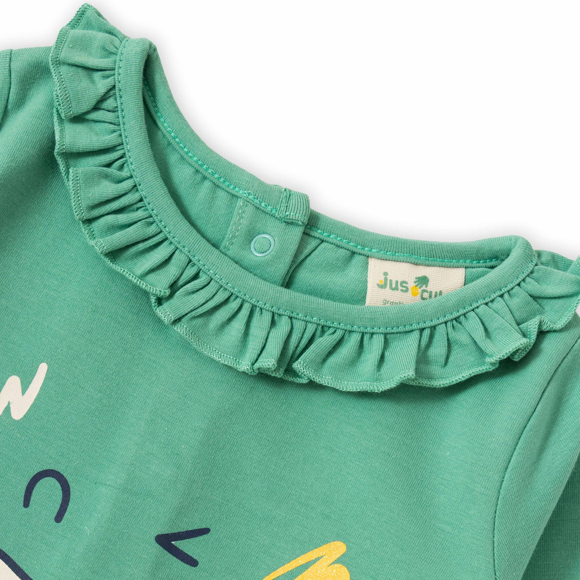 "Baby Girls' Green Cotton Full Sleeve Top with Creative Pencil Print & Ruffle Neck"