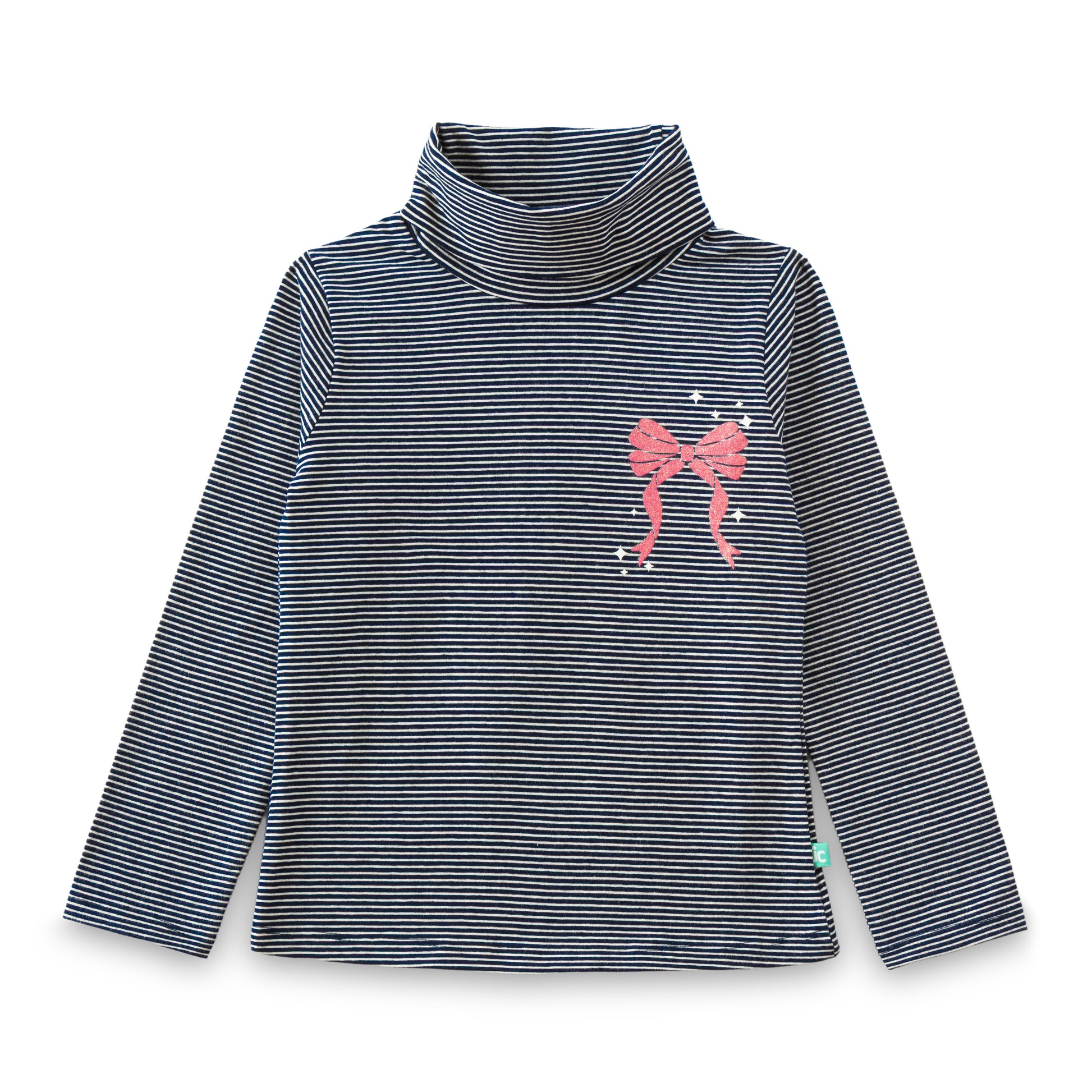 "Girls' Navy & White Striped Full Sleeve Turtleneck T-shirt with Pink Bow Print"