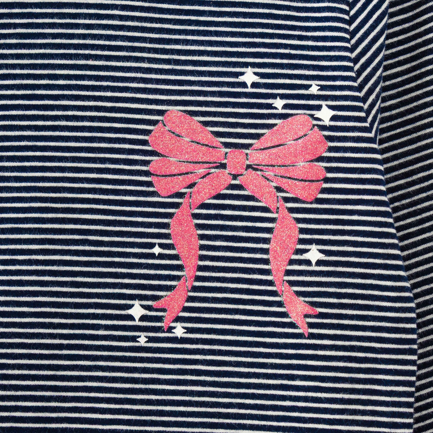 "Girls' Navy & White Striped Full Sleeve Turtleneck T-shirt with Pink Bow Print"