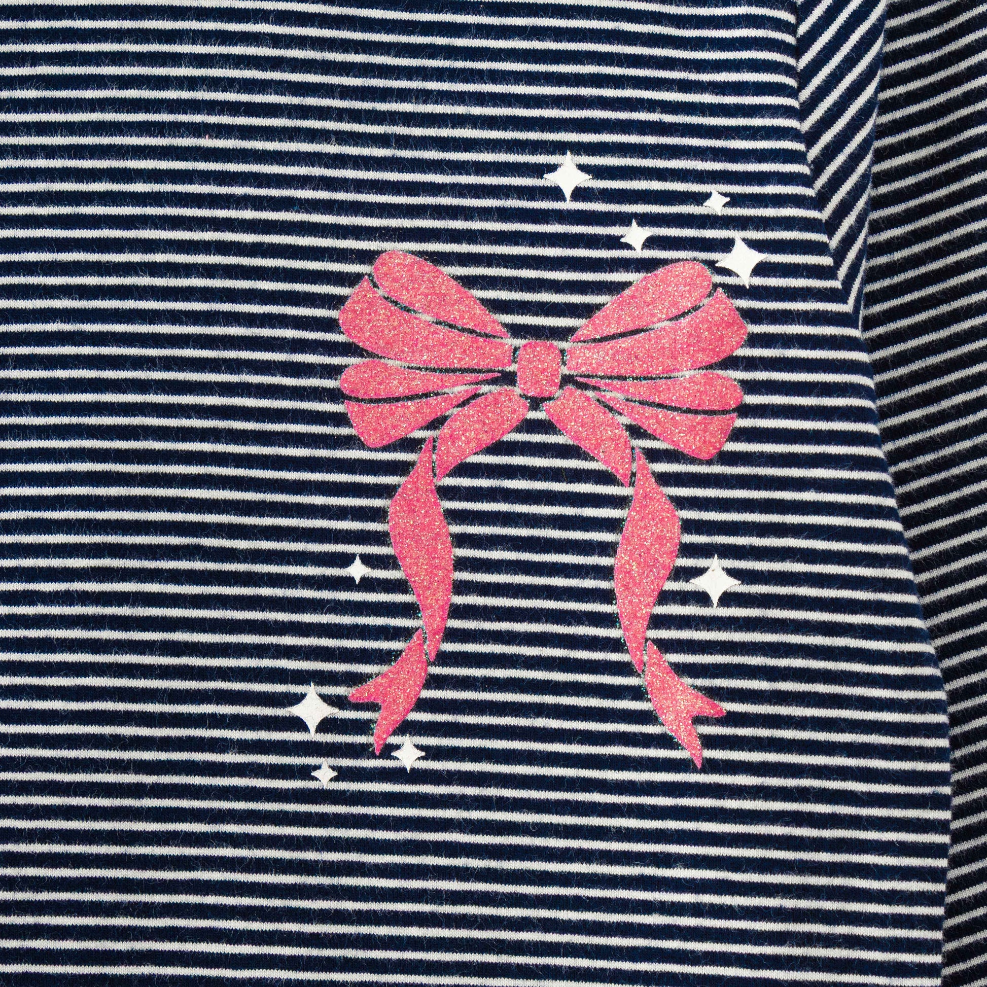 "Girls' Navy & White Striped Full Sleeve Turtleneck T-shirt with Pink Bow Print"